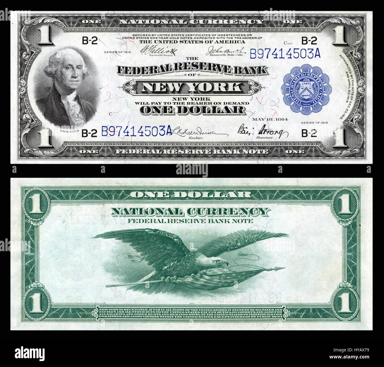 US $1 FRBN 1918, serie 1918 Federal Reserve Note, è un pezzo notevole di valuta statunitense con George Washington. La nota è riconosciuta per il suo significato storico durante l'America post-bellica. Foto Stock