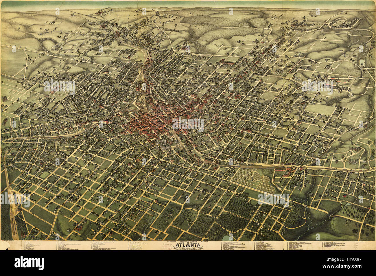 Una mappa di Atlanta, Georgia, del 1892, che mostra la struttura e lo sviluppo della città durante la fine del XIX secolo. Riflette l'urbanizzazione e la crescita che hanno segnato il periodo post-guerra civile. Foto Stock