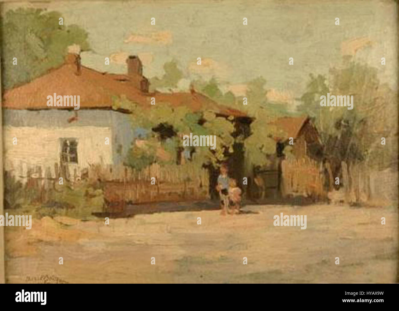"Peisaj cu Case" di Aurel Baesu è un dipinto di paesaggio che raffigura case in un ambiente rurale. La scena cattura la tranquillità e la semplicità della vita del villaggio, con attenzione ai dettagli nelle case e nei dintorni naturali. Foto Stock "Peisaj cu Case" di Aurel Baesu è un dipinto di paesaggio che raffigura case in un ambiente rurale. La scena cattura la tranquillità e la semplicità della vita del villaggio, con attenzione ai dettagli nelle case e nei dintorni naturali. Foto Stock