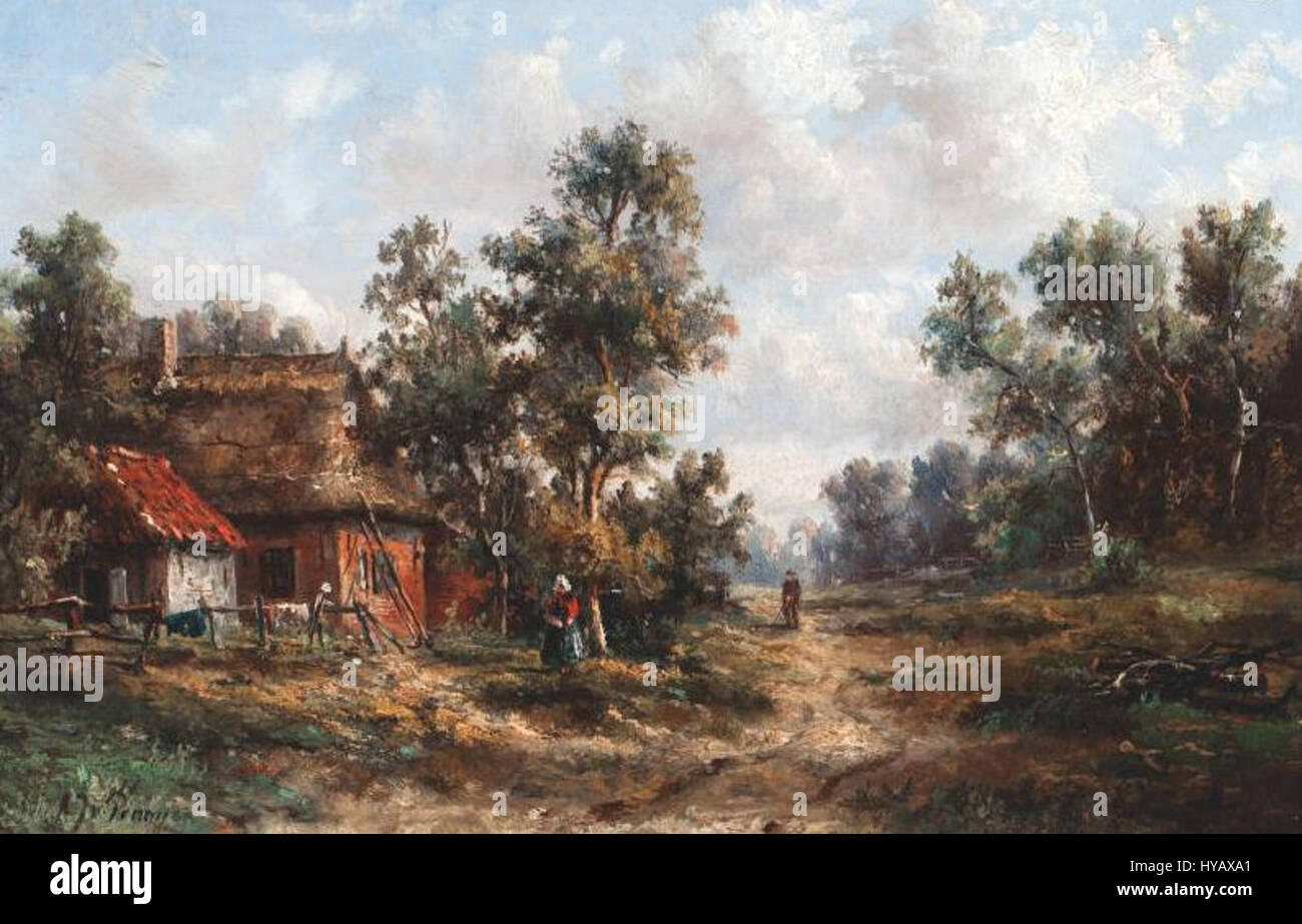 Questo dipinto di A.J. van Prooijen ritrae una tradizionale fattoria olandese ("boerenwoning") situata lungo una strada di campagna. Il paesaggio rurale riflette la semplicità e la tranquillità della vita rurale olandese del XIX secolo, con enfasi sull'ambiente naturale e sull'architettura tradizionale. Foto Stock Questo dipinto di A.J. van Prooijen ritrae una tradizionale fattoria olandese ("boerenwoning") situata lungo una strada di campagna. Il paesaggio rurale riflette la semplicità e la tranquillità della vita rurale olandese del XIX secolo, con enfasi sull'ambiente naturale e sull'architettura tradizionale. Foto Stock