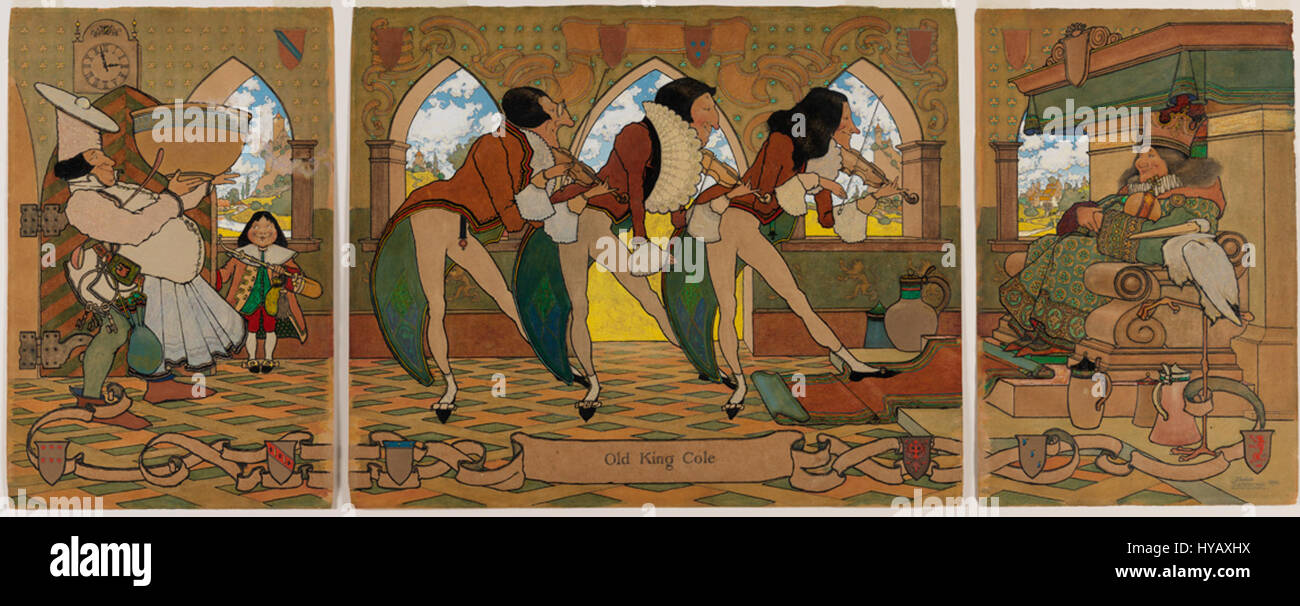 L'illustrazione del 1894 di Maxfield Parrish "Old King Cole" raffigura una scena stravagante della filastrocca, catturando colori vivaci e il caratteristico uso della luce e dell'atmosfera da parte dell'artista in uno stile fantasioso. Foto Stock