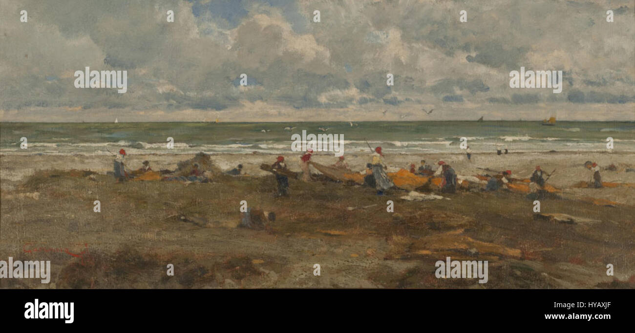 "Pescadores en la playa" di Filippo Carcano cattura una scena costiera con i pescatori al lavoro sulla spiaggia. Noto per i suoi paesaggi dettagliati, il lavoro di Carcano sottolinea la connessione umana con la natura e l'ambiente. Foto Stock