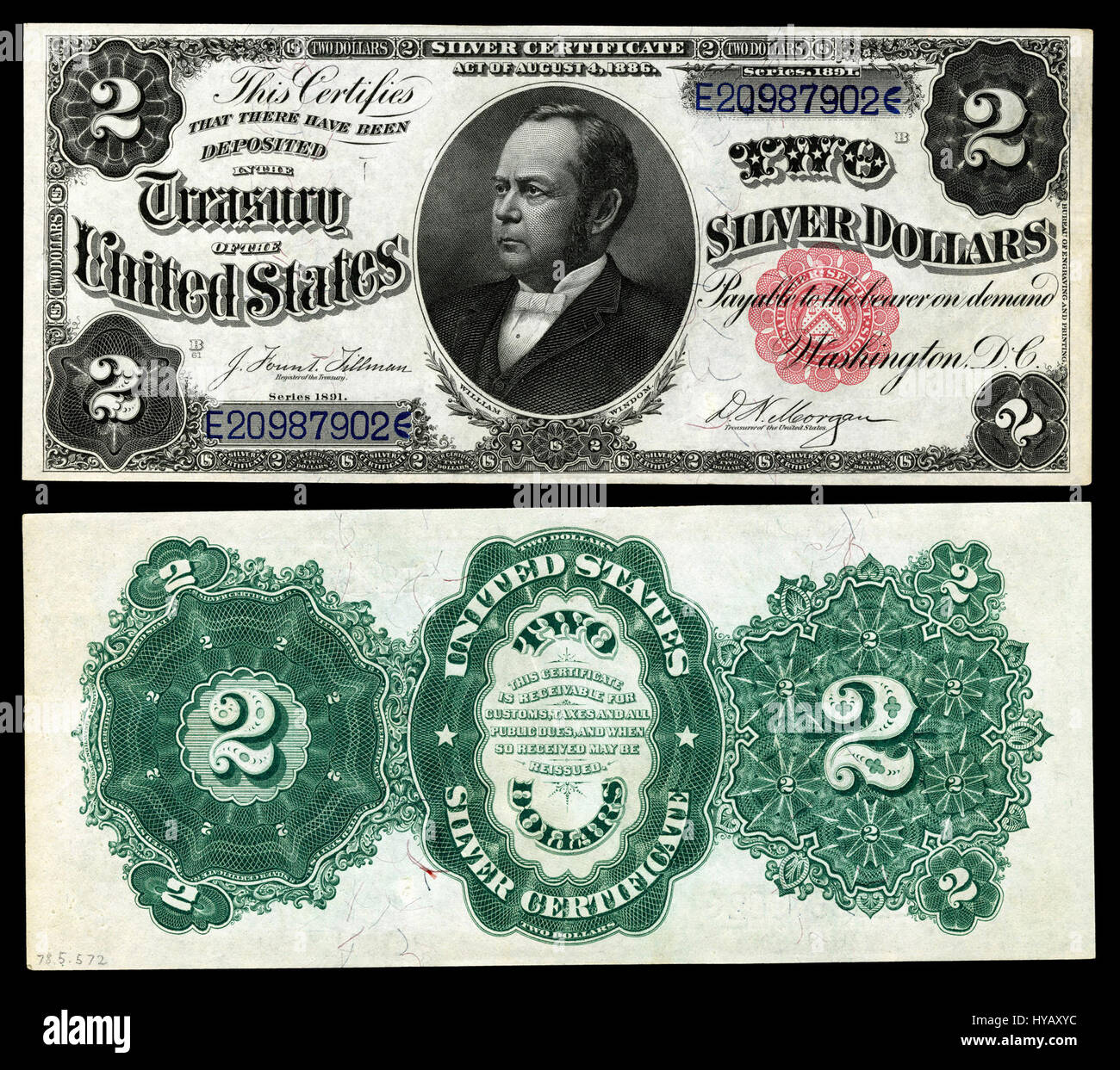 La US $ 2 SC 1891 FR.246 è una banconota notevole degli Stati Uniti, con intricate incisioni e un ritratto di una figura storica significativa. Fa parte della serie di valute emesse nel 1891 e riflette le tendenze artistiche e di design della cartamoneta americana del tardo XIX secolo. Foto Stock