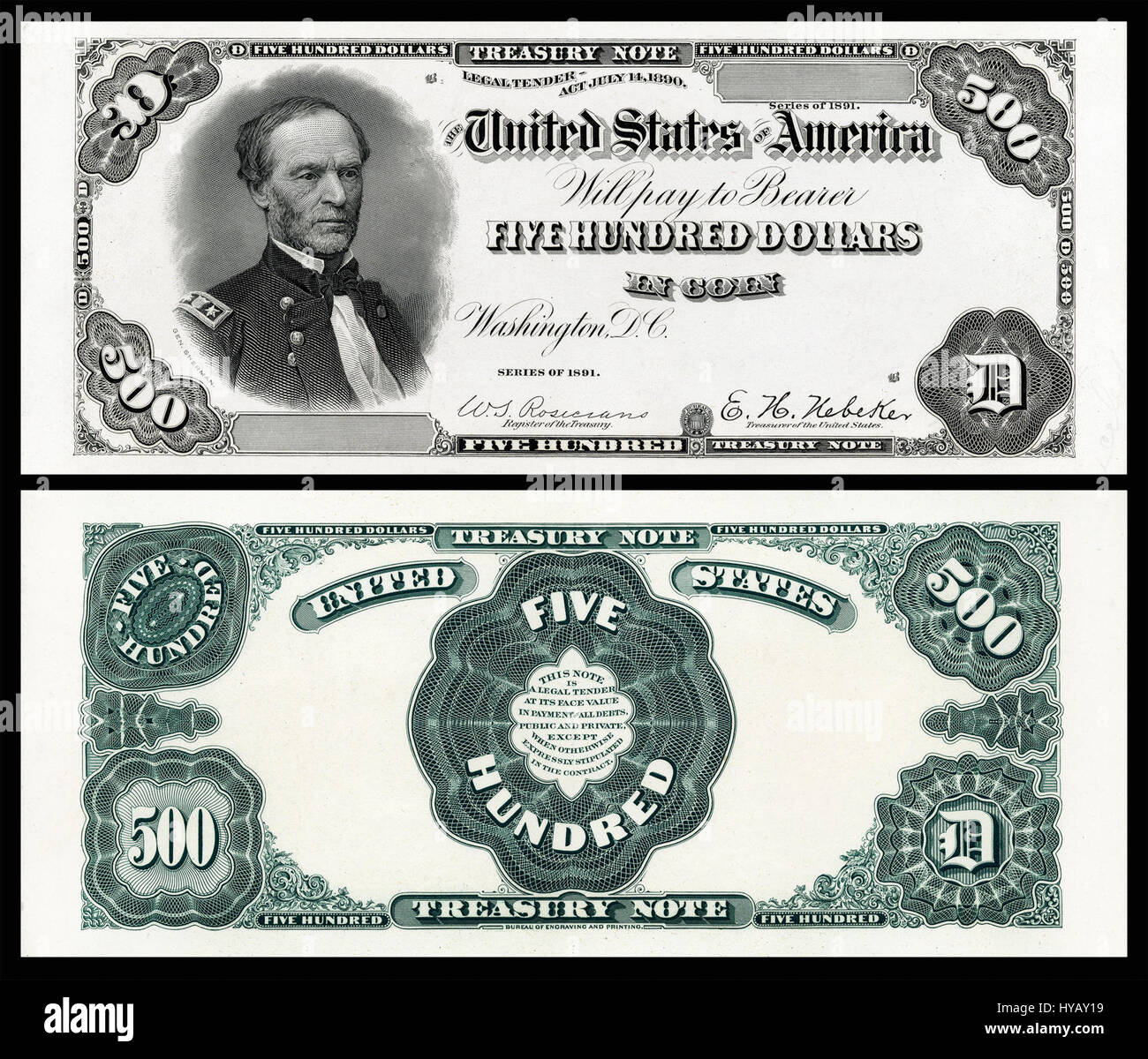 Questa è una moneta di prova del 1891 emessa dal Tesoro degli Stati Uniti, del valore di 500 dollari. Le monete di prova sono appositamente coniate con finiture di qualità superiore e spesso sono state realizzate come oggetti da collezione. Foto Stock