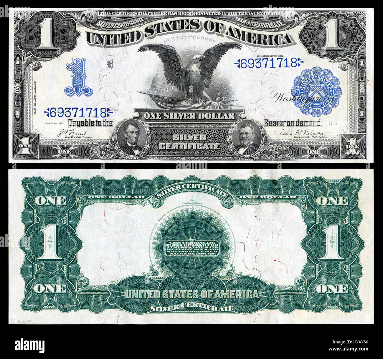 Si riferisce a una banconota da un dollaro statunitense emessa nel 1899, in particolare il certificato Silver da $1 della serie 1899. Il disegno di legge presenta un ritratto di Martha e George Washington, che riflette il disegno della moneta del tardo XIX secolo negli Stati Uniti. Foto Stock