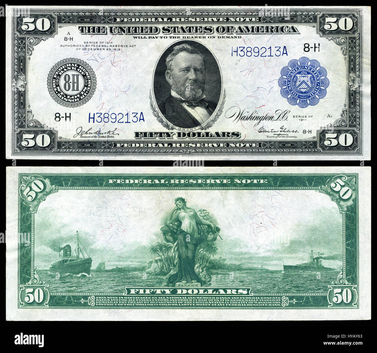 La Federal Reserve Note (FRN) da 1914 $ 50 è una nota storica statunitense, significativa per il suo design e ruolo nella finanza americana all'inizio del XX secolo. Foto Stock