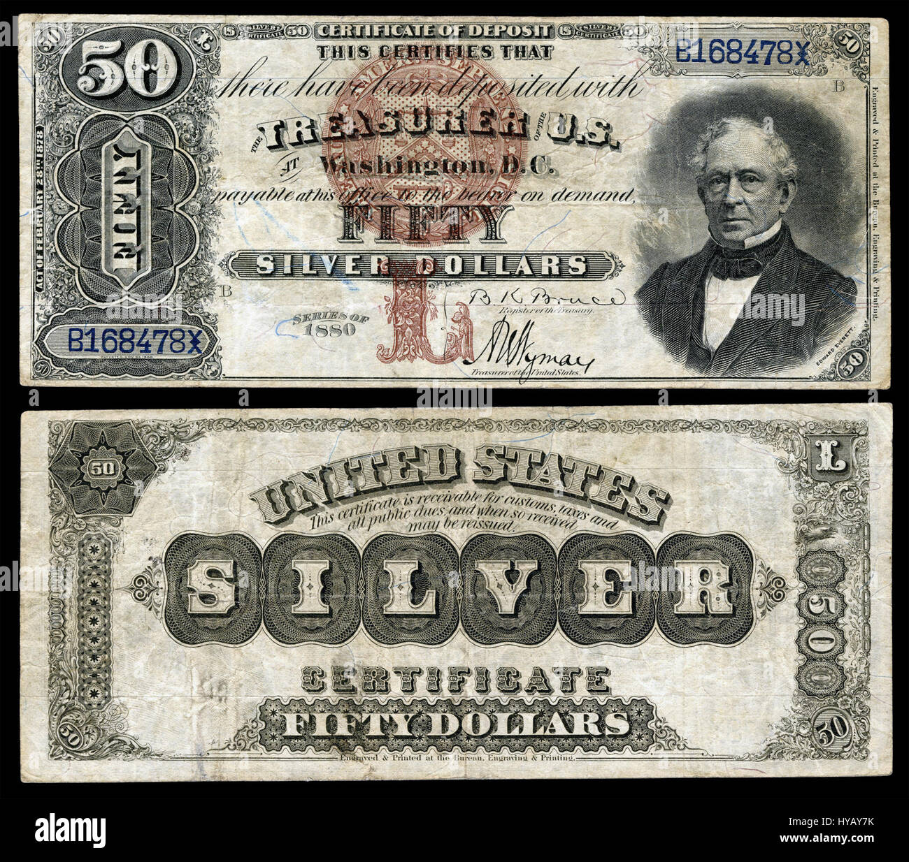 Un'immagine di un certificato d'argento da $ 50 del 1880, numero di serie 327, che illustra il design e il contesto storico di questa nota monetaria. Foto Stock
