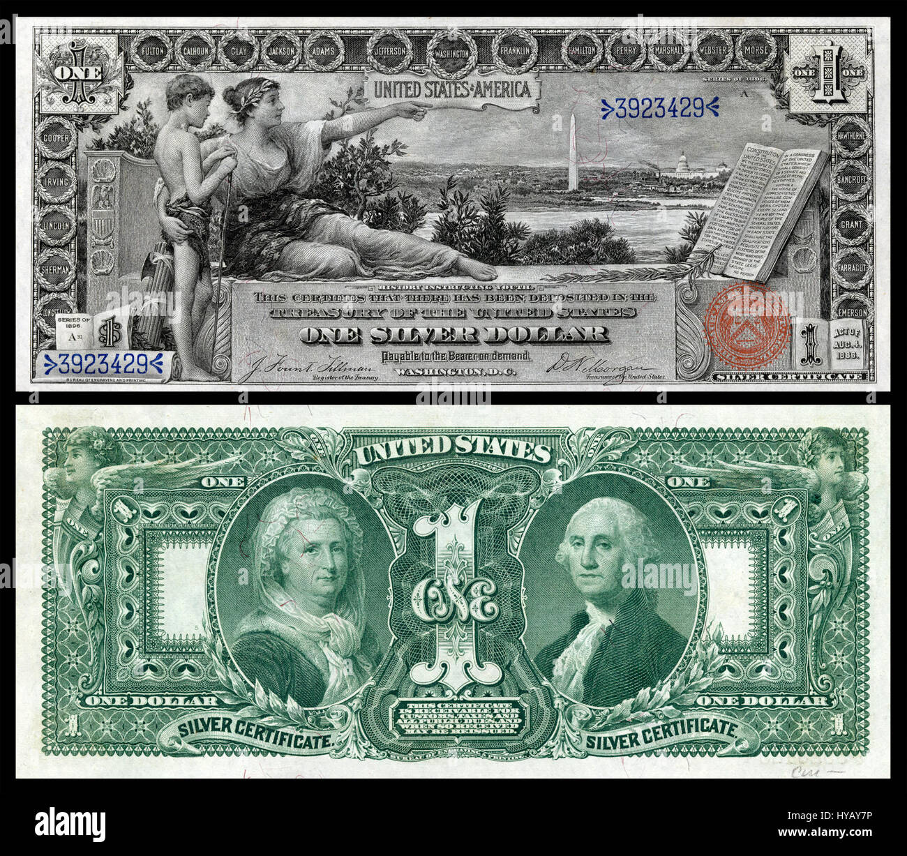Un certificato d'argento da 1896 $ 1 (FR 224), parte dell'emissione di valuta del Tesoro degli Stati Uniti all'epoca. Questa nota presenta disegni e ritratti intricati, evidenziando l'impegno del governo degli Stati Uniti a garantire il valore della valuta. Foto Stock