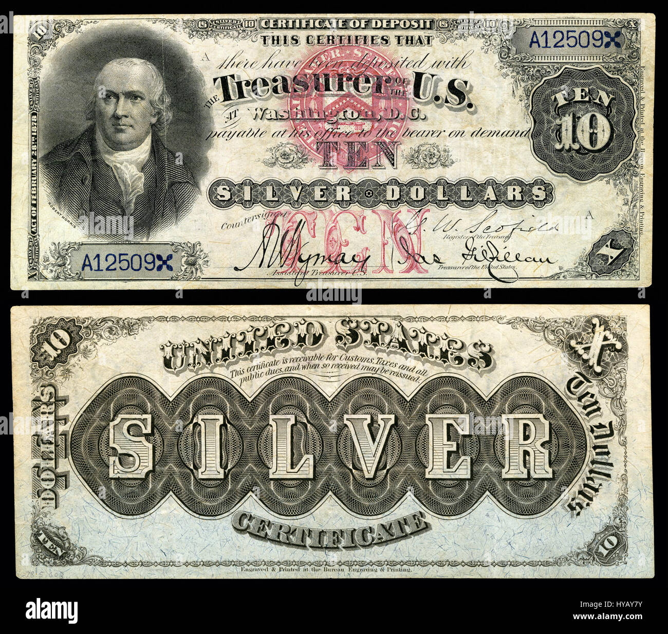 Il 1878 $10 Silver Certificate, noto come SC 1878 FR. 285a, è un notevole pezzo di valuta statunitense. Caratterizzato da un ritratto di Martha e George Washington, rappresenta un momento significativo nella storia degli Stati Uniti, segnando un cambiamento nel design e nella produzione valutaria alla fine del XIX secolo. Foto Stock