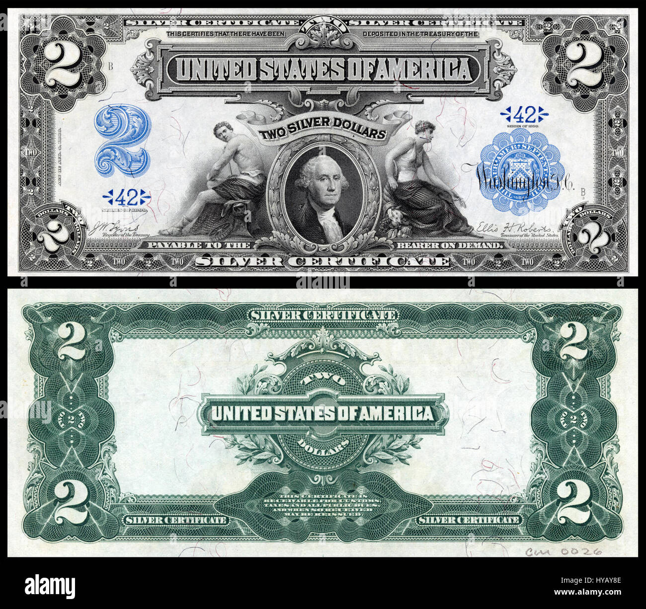 Il certificato d'argento da 1899 $ 2 (p. 249) è una banconota di valuta statunitense, famosa per il suo design e il suo significato storico. Presenta un ritratto di Martha e George Washington, con intricati dettagli e incisioni. Questa nota è un elemento chiave per i collezionisti di valuta cartacea statunitense. Foto Stock