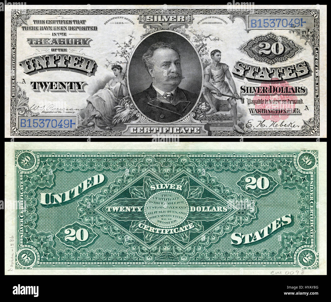 La US $ 20 SC 1886 FR 316 è una banconota in valuta statunitense della serie 1886, nota per il suo design unico e il suo significato storico. Questa nota fa parte della serie di certificati d'argento del XIX secolo, emessa dal Tesoro degli Stati Uniti e recante il ritratto di Martha e George Washington sul fronte. Foto Stock
