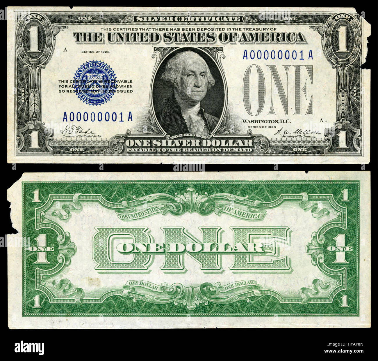 Il valore US $1 SC 1928 FR.1600 si riferisce a un'emissione specifica di valuta statunitense, un certificato Silver da $1928. Questi certificati furono emessi come parte del sistema monetario degli Stati Uniti e furono notevoli per il loro design e il loro significato storico durante l'inizio del XX secolo. Foto Stock
