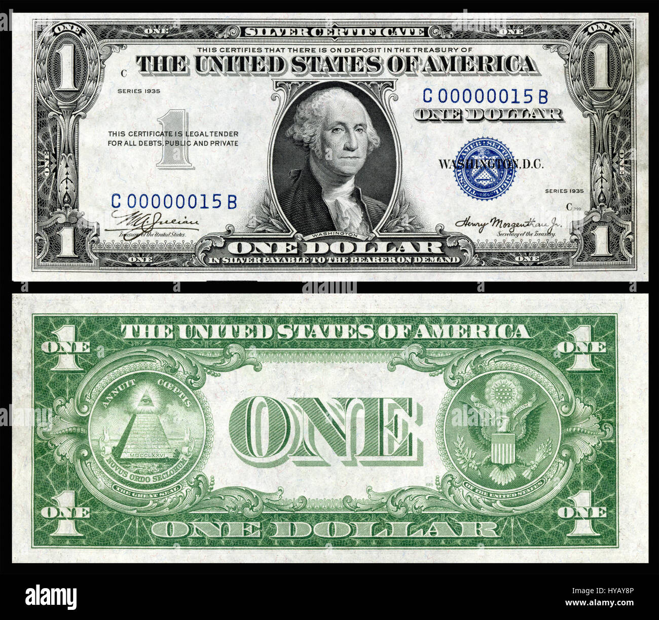 Questo certificato d'argento da 1 1935 dollari faceva parte di una serie storica emessa dagli Stati Uniti durante la grande depressione. Mostra le caratteristiche del design e le immagini simboliche della valuta americana dei primi anni del XX secolo. Foto Stock