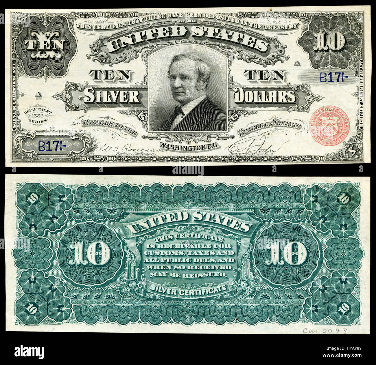 Questa è una rappresentazione di un certificato d'argento da 10 dollari del 1886, emesso dal Tesoro degli Stati Uniti. Conosciuto per il suo significato storico, il certificato presenta ritratti di figure storiche e funge da importante esempio di valuta americana durante la fine del XIX secolo. Foto Stock