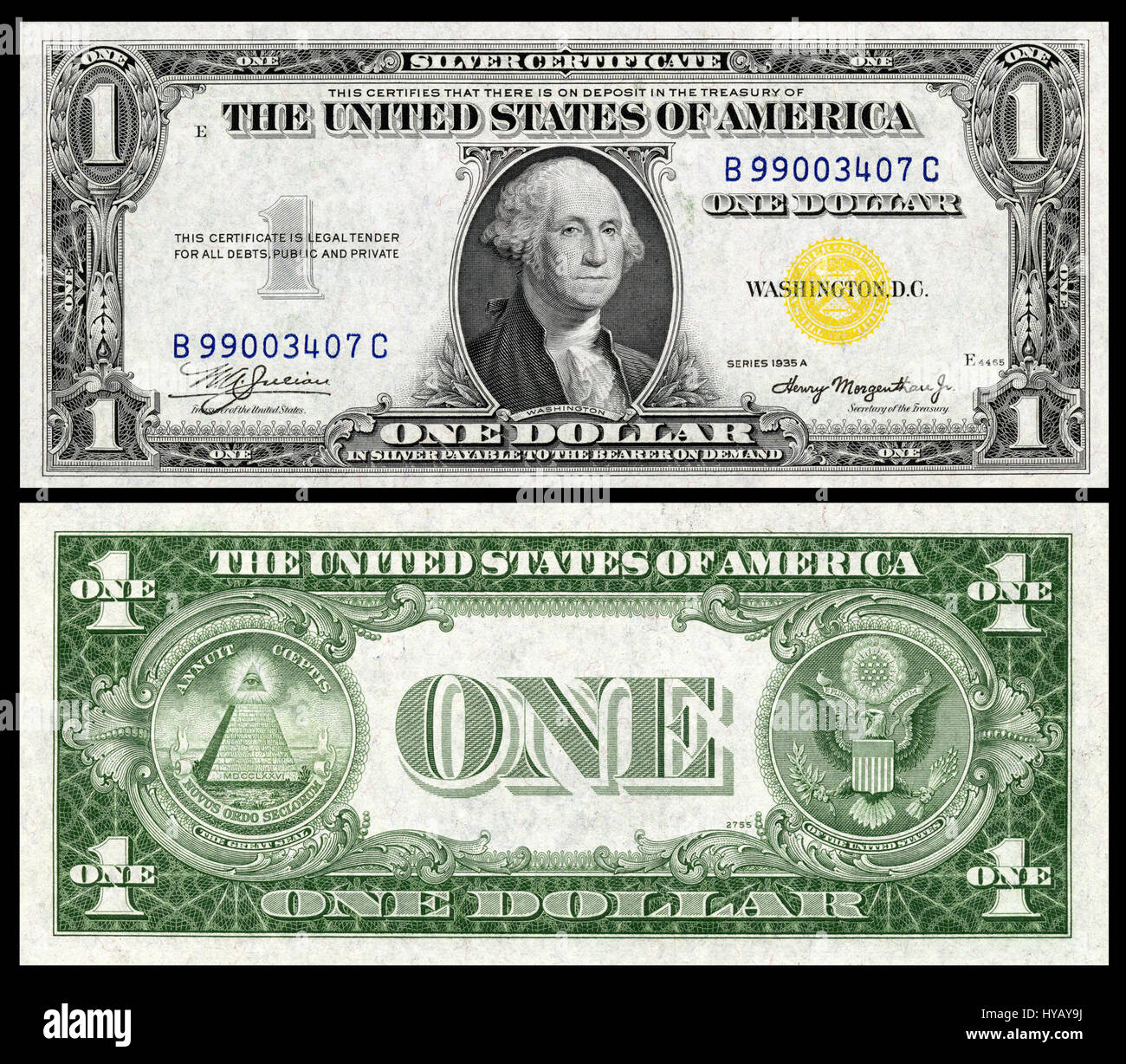 Il 1935 U.S. $1 Silver Certificate (p. 2306) è un pezzo di valuta americana noto per il suo significato storico. È stato pubblicato come parte della serie che ha sostituito le note precedenti con disegni più moderni durante l'era della grande depressione. Foto Stock