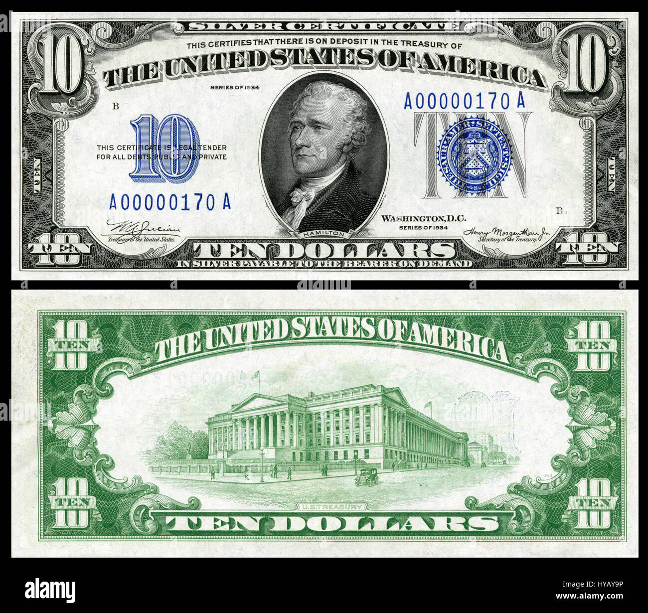 I $ 10 SC 1934 FR.1701 si riferiscono a una serie specifica di banconote emesse dal Tesoro degli Stati Uniti nel 1934. Note per il loro design distinto, queste banconote sono oggetti da collezione preziosi e fanno parte della storia della valuta statunitense. Foto Stock