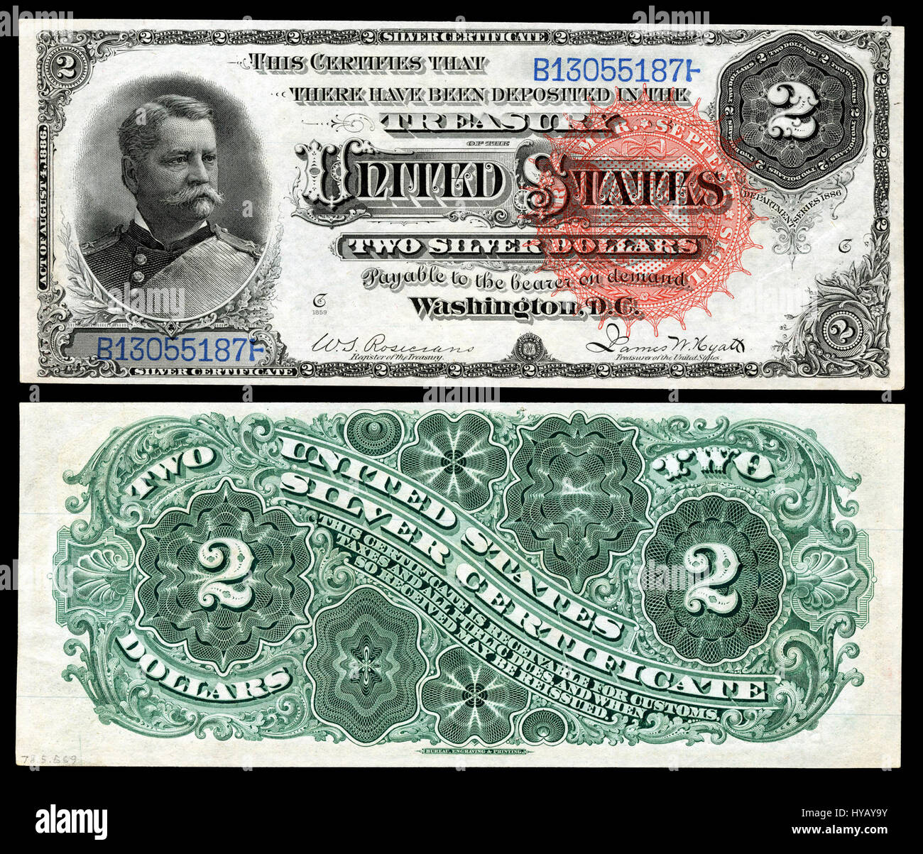 Questa è un'immagine del certificato d'argento del 1886 $ 2, con un disegno raffigurante George Washington e figure allegoriche. La nota riflette il disegno iniziale della valuta statunitense, con dettagli intricati ed elementi simbolici. Foto Stock