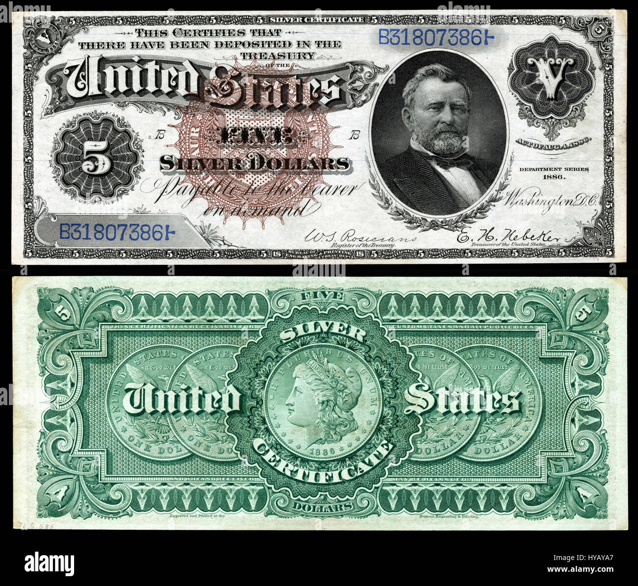 Il "US $5 SC 1886 FR.264" si riferisce a un taglio specifico della valuta statunitense, un certificato d'argento da $5 emesso nel 1886. Questa nota presenta elementi di design storici, con un ritratto del Segretario del Tesoro, e faceva parte della serie di certificati d'argento utilizzati negli Stati Uniti durante la fine del XIX secolo. Esso riflette le condizioni economiche e i sistemi valutari dell'epoca. Foto Stock