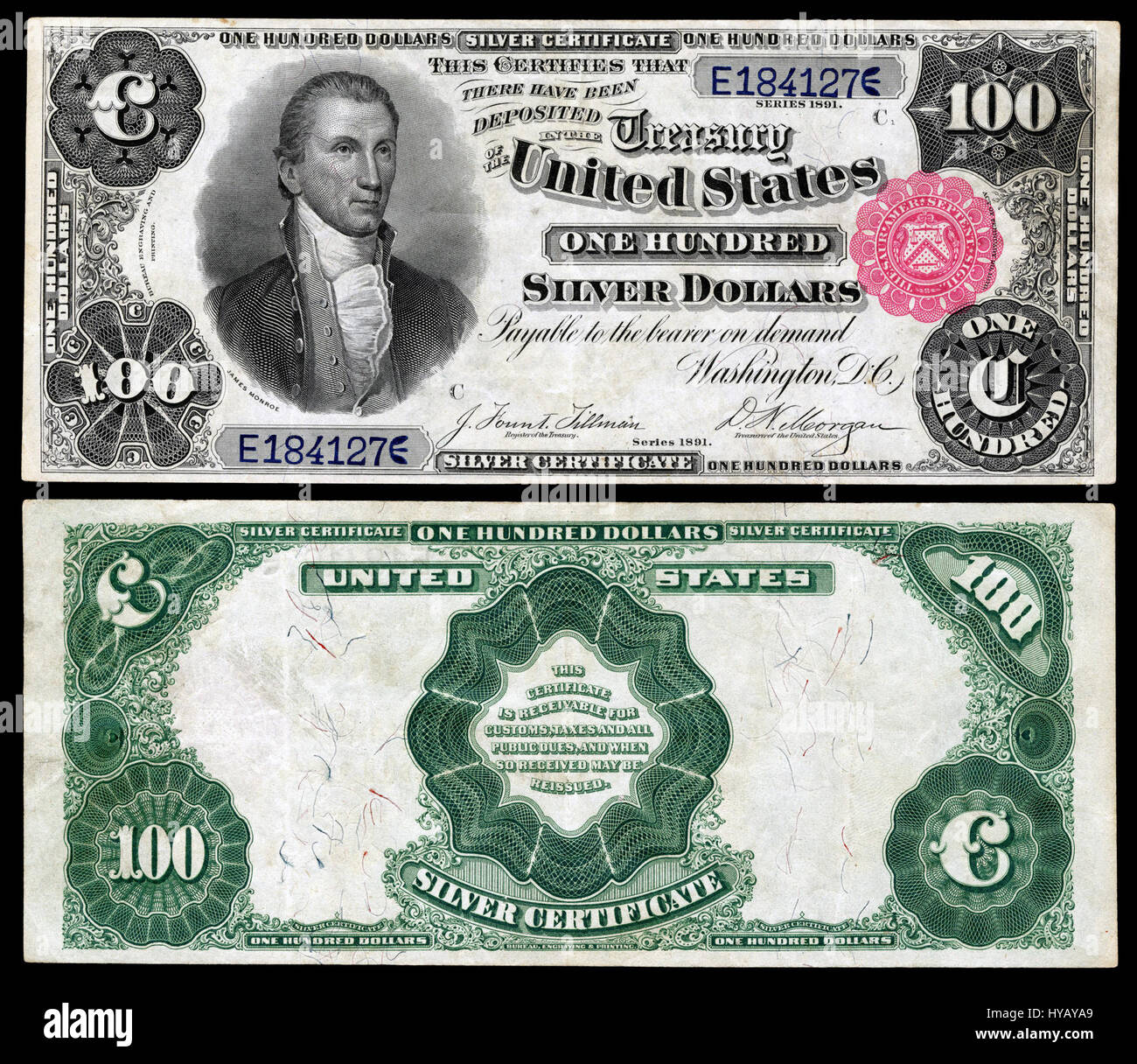 Il certificato d'argento da $100 del 1891, serie SC 1891, presenta disegni storici con un ritratto di Martha e George Washington. Questa nota ha un significato sia numismatico che storico nella storia della valuta statunitense. Foto Stock