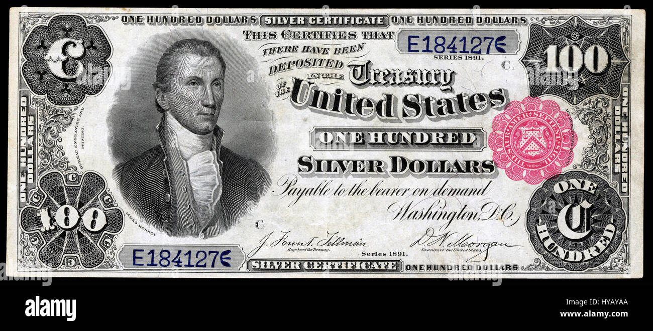 Questo titolo si riferisce ad un certificato d'argento da $ 100 del 1891, noto come FR. 344. Fa parte della serie di banconote del Tesoro degli Stati Uniti emesse durante quel periodo, con ritratti di importanti figure storiche e sostenute dal governo degli Stati Uniti. Foto Stock