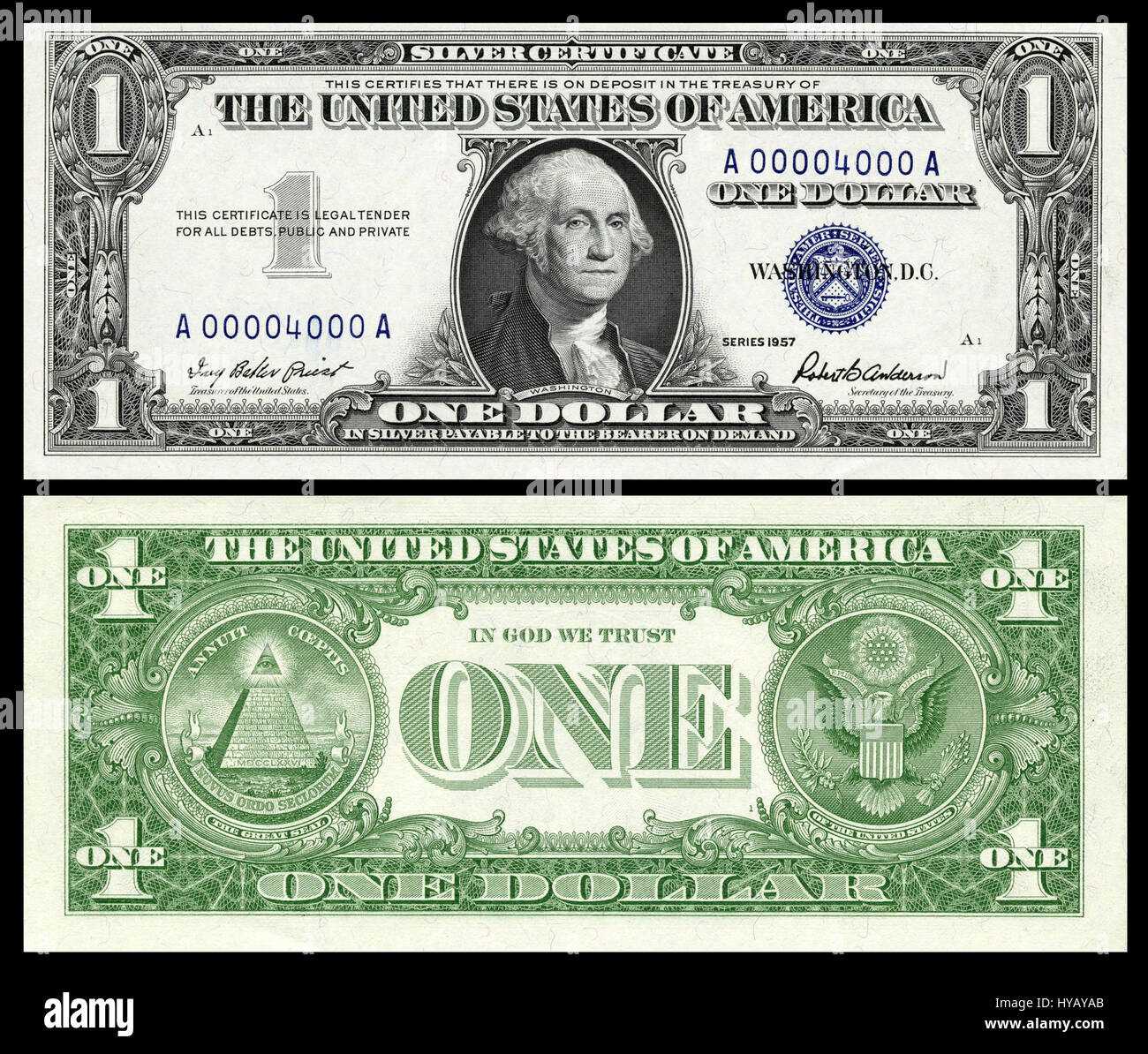 Il certificato d'argento da $1 del 1957, serie SC 1619, è un notevole pezzo di valuta americana. Con il ritratto di George Washington, faceva parte di una serie di certificati d'argento emessi dal Tesoro degli Stati Uniti durante la metà del XX secolo. Foto Stock
