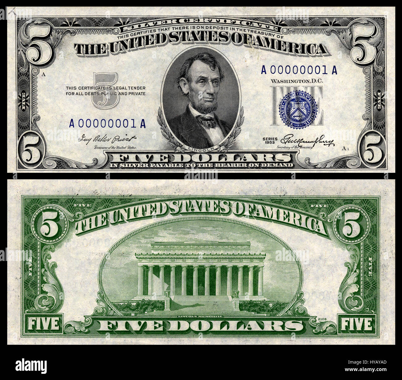 La banconota da 1953 $ 5 (FR.1655) fa parte di una serie storica di valute, con significativi cambiamenti di design che riflettono la storia economica della metà del XX secolo e la politica monetaria degli Stati Uniti. Foto Stock