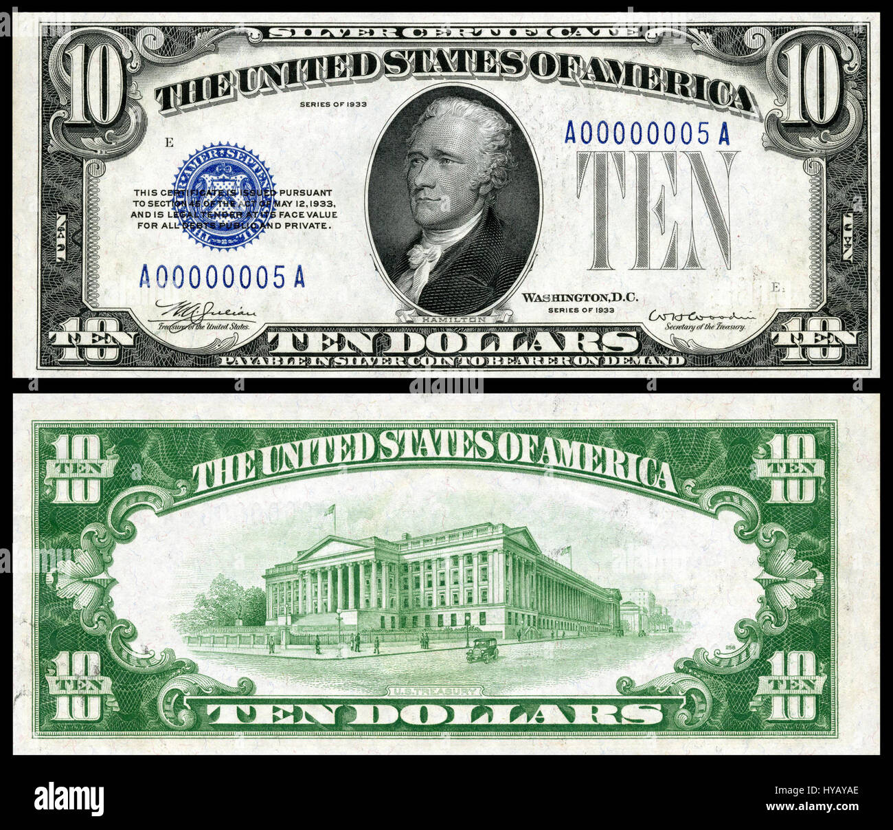 Questo certificato d'argento da $10 del 1933, serie 1933, presenta elementi di design intricati con simboli storici che rappresentano il patrimonio finanziario della nazione. Fa parte della collezione di valute statunitensi, enfatizzando il suo significato culturale e storico. Foto Stock