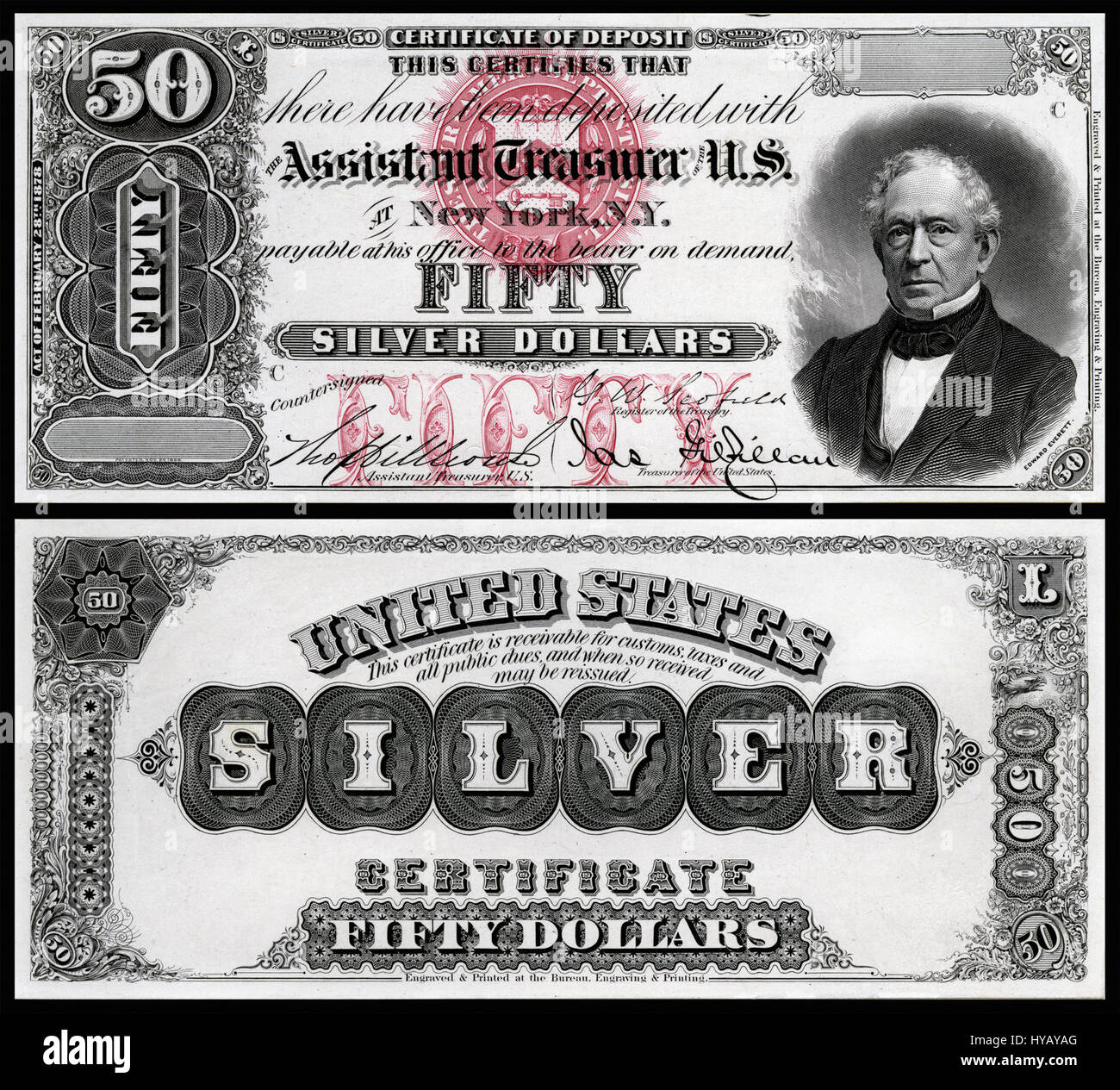 Questa è una prova del certificato d'argento da 1878 dollari 50, un pezzo importante della storia della valuta americana. Il design presenta simboli storici e riflette il contesto economico dell'America del tardo XIX secolo. Foto Stock