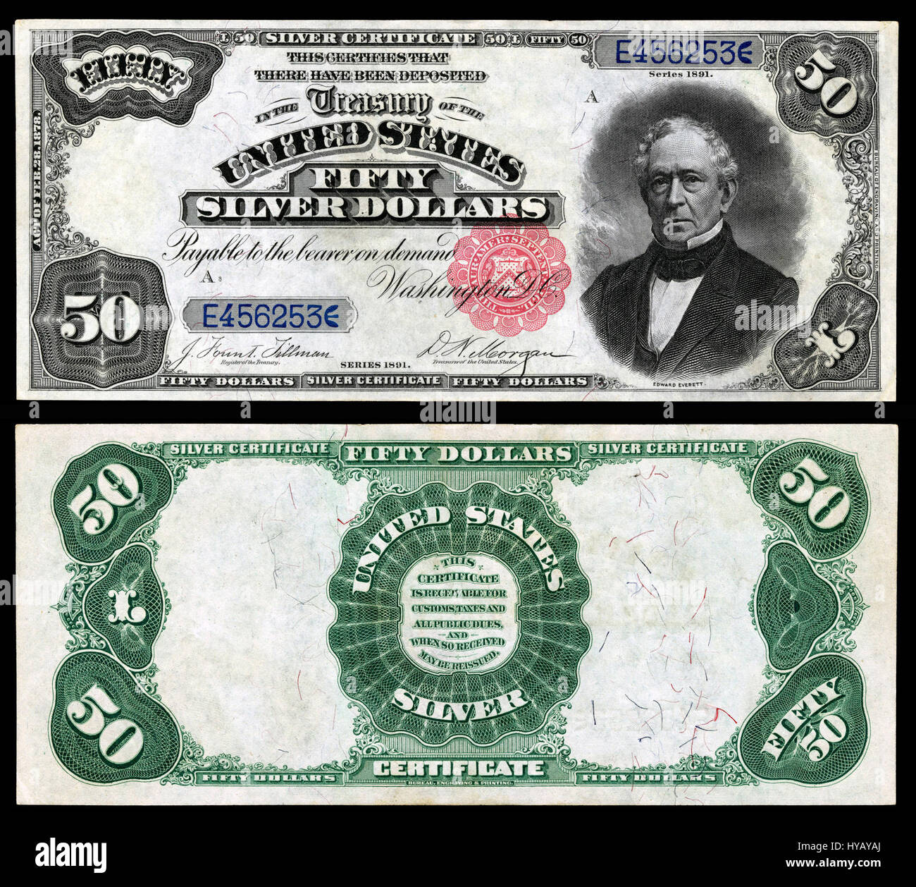 Il certificato d'argento da 1891 $ 50 (p. 331) presenta un ritratto di Ulysses S. Grant. Fa parte della serie Treasury Note ed è un oggetto da collezione molto ricercato per gli appassionati di valuta. Foto Stock