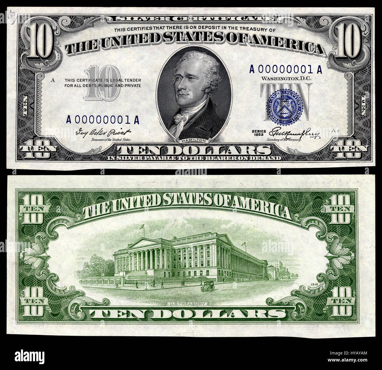 Il certificato d'argento da $10 del 1953, serie FR.1706, presenta un design distintivo con il ritratto del presidente Andrew Jackson. Fa parte della valuta del dopoguerra emessa dal Tesoro degli Stati Uniti. Foto Stock