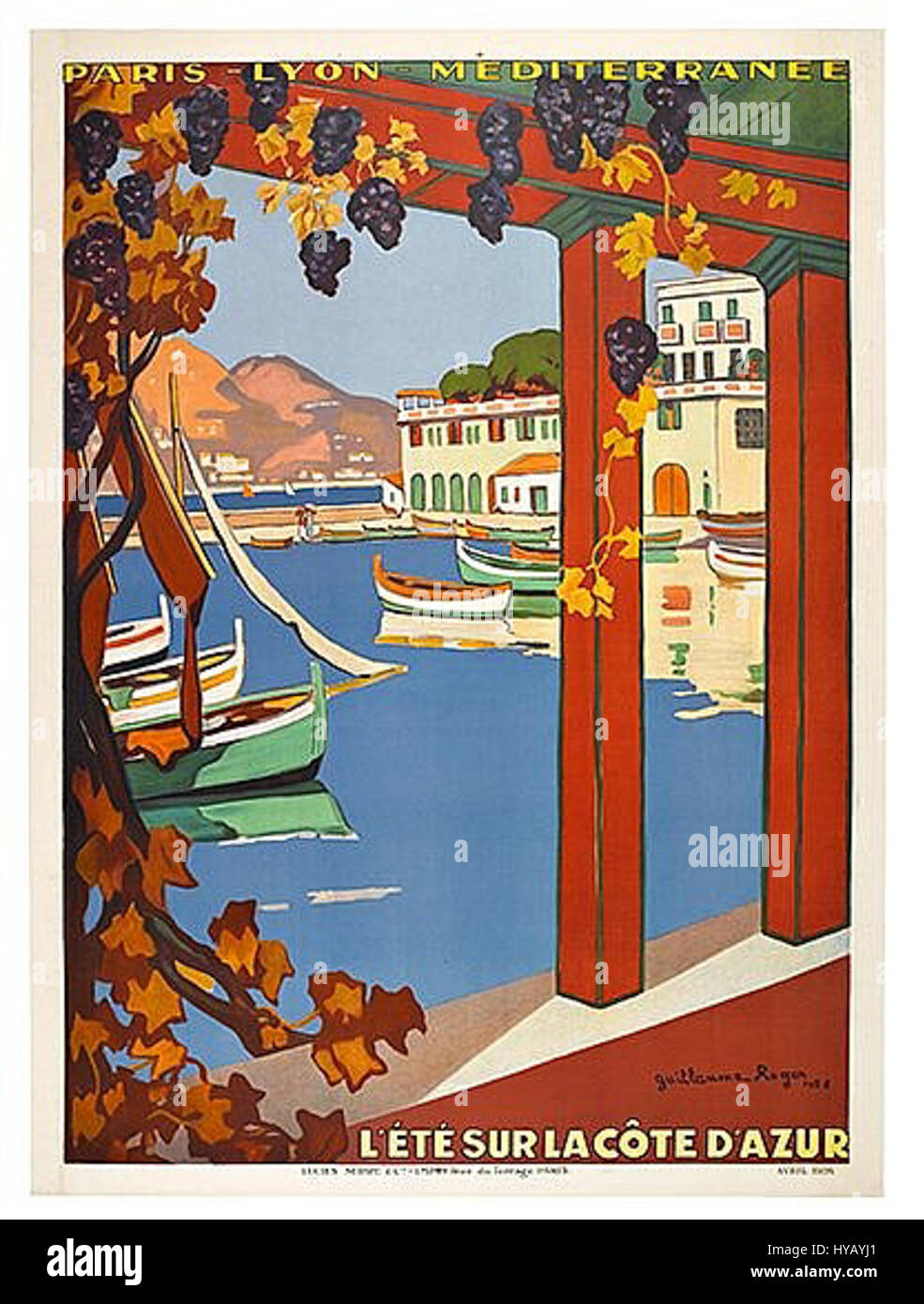 "Affiche PLM GGRoger" si riferisce a una pubblicità vintage creata da G. G. Roger per la ferrovia PLM (Parigi-Lione-Méditerranée), caratterizzata da un design audace e una tipografia tipica dell'arte promozionale francese dell'inizio del XX secolo. Foto Stock