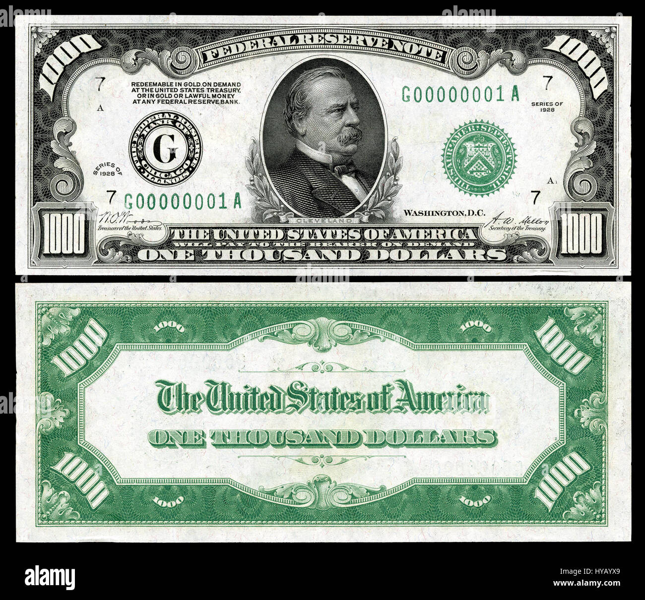 La Federal Reserve Note (FRN) da 1928 $ 1000 è un raro e prezioso pezzo di valuta americana, noto per la sua alta denominazione e il suo significato storico nel contesto delle banche e della finanza americane. Foto Stock