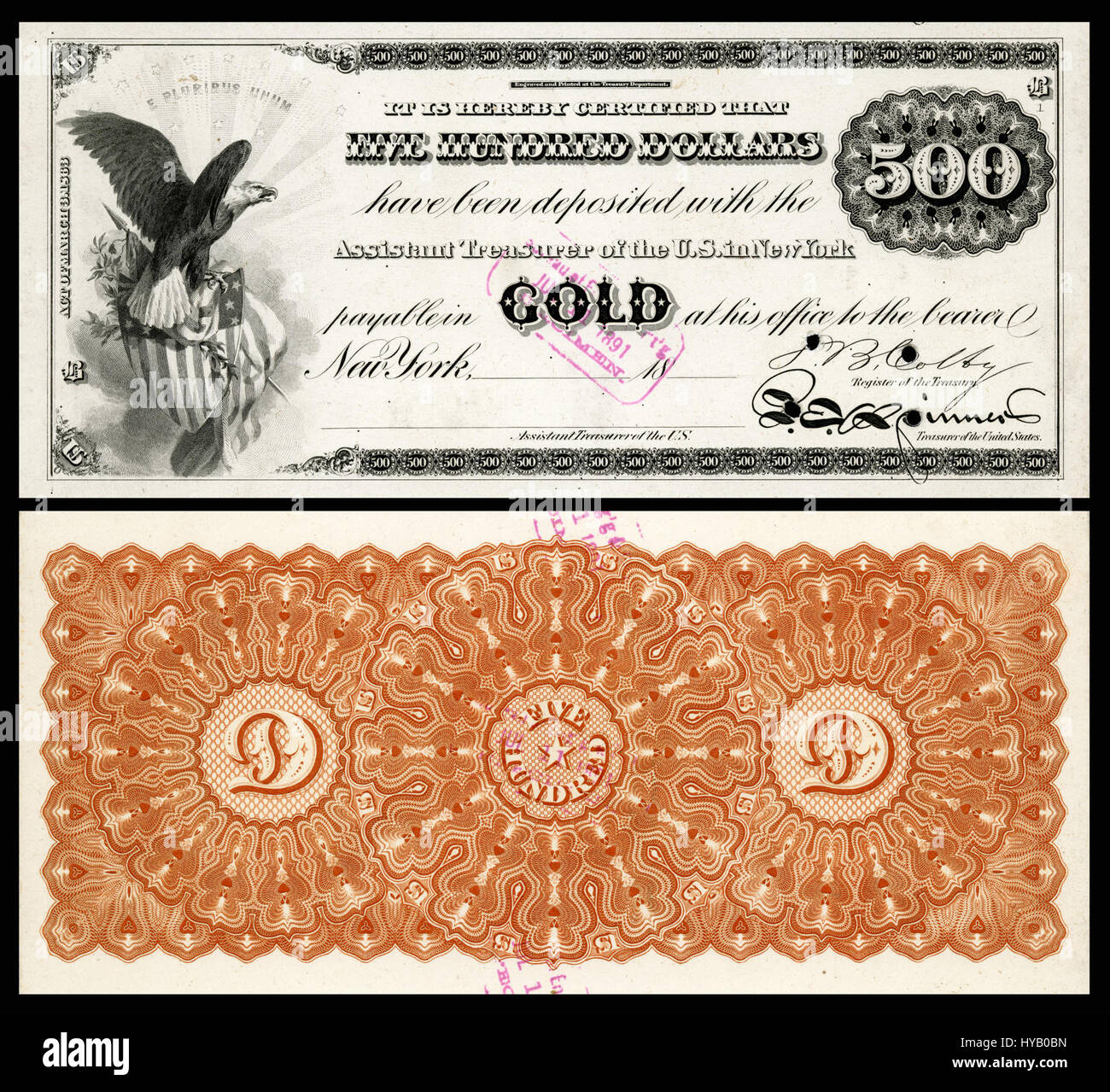 Il certificato d'oro da 500 dollari, emesso nel 1863, è una nota storica. Fa parte di una serie di banconote del Tesoro degli Stati Uniti e presenta disegni intricati che sono stati utilizzati durante l'era della guerra civile. Questa versione "di prova" è un campione precoce e non circolato. Foto Stock
