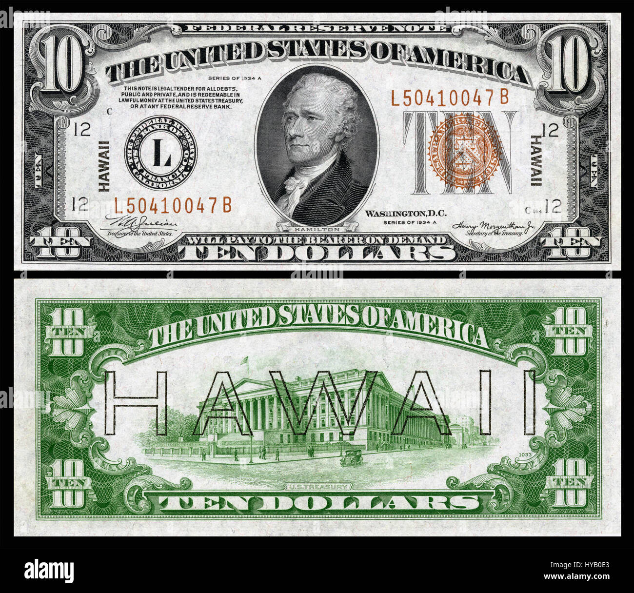 La Federal Reserve Note da 1934 A $10, serie 1934A, è nota per la sua sovrastampa "HAWAII", distinguendola come valuta di emergenza emessa durante la seconda guerra mondiale per l'uso nel teatro del Pacifico. Foto Stock