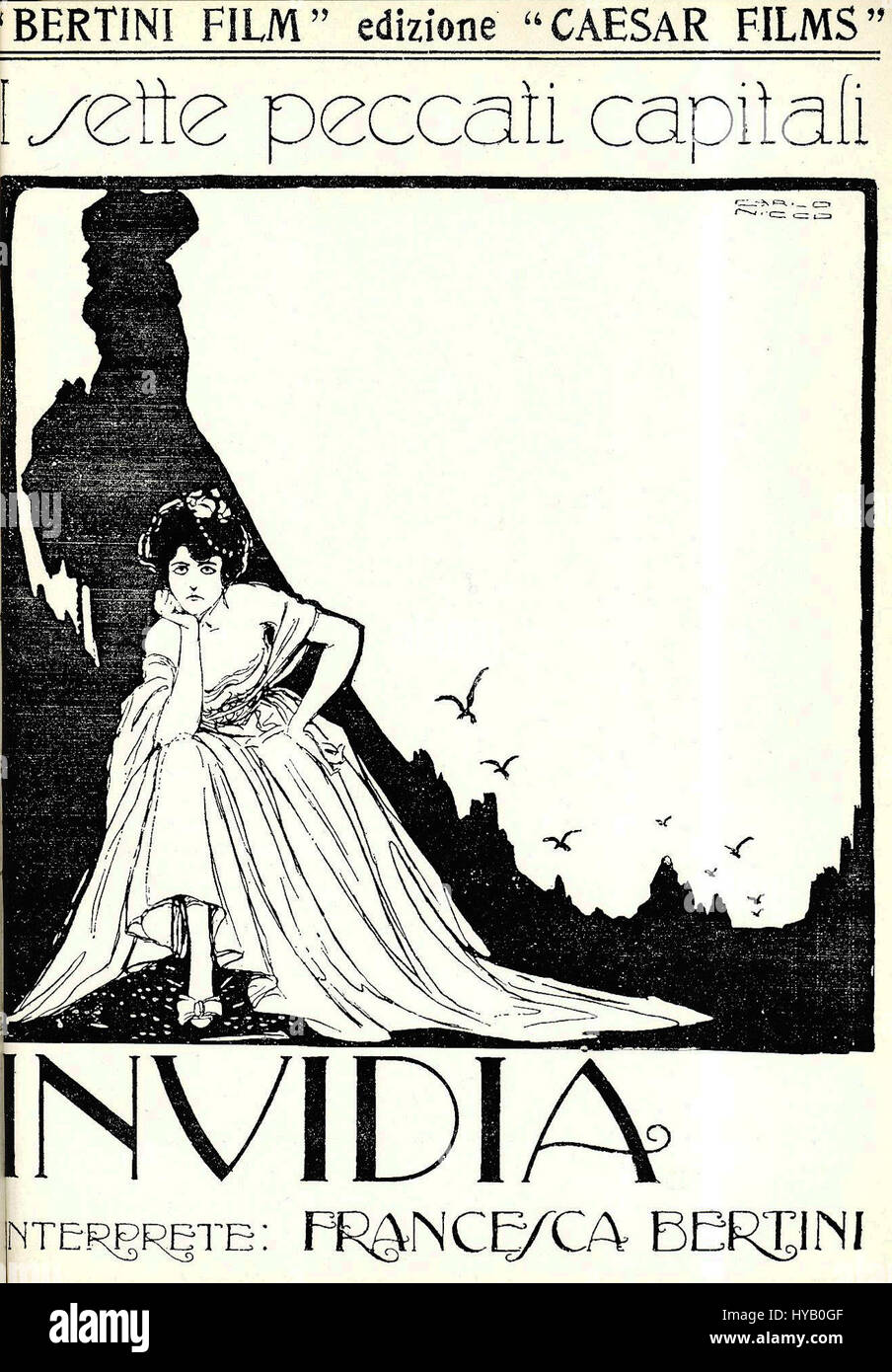 Il poster cinematografico del 1919 di "Invidia" di Carlo Nicco cattura l'essenza dell'estetica cinematografica dei primi anni del XX secolo. Il design presenta un uso drammatico del colore e della composizione, caratteristica dell'arte italiana di poster cinematografici del periodo. "Invidia" è un film muto, che riflette il fascino dell'epoca per le narrazioni emotive e la narrazione visiva attraverso immagini audaci e grafica stilizzata. Foto Stock