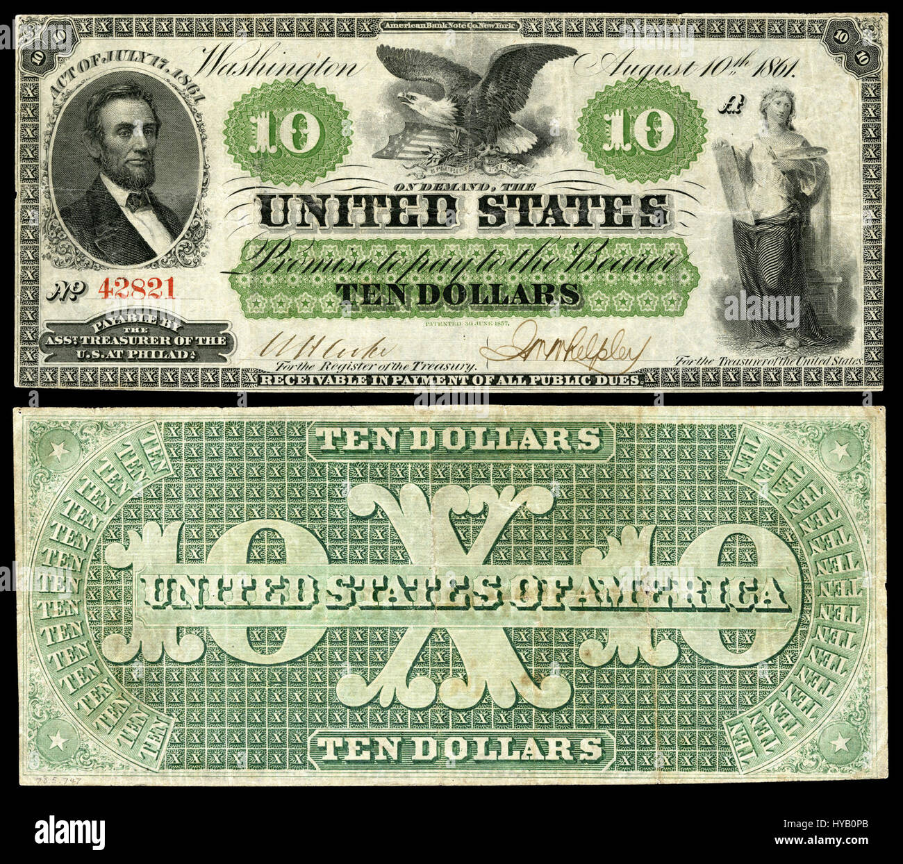 La banconota da $10 del 1861, p. 765, è un esempio storico di valuta emessa durante l'era della guerra civile, che mostra il design e le caratteristiche di sicurezza del denaro americano del XIX secolo. Foto Stock