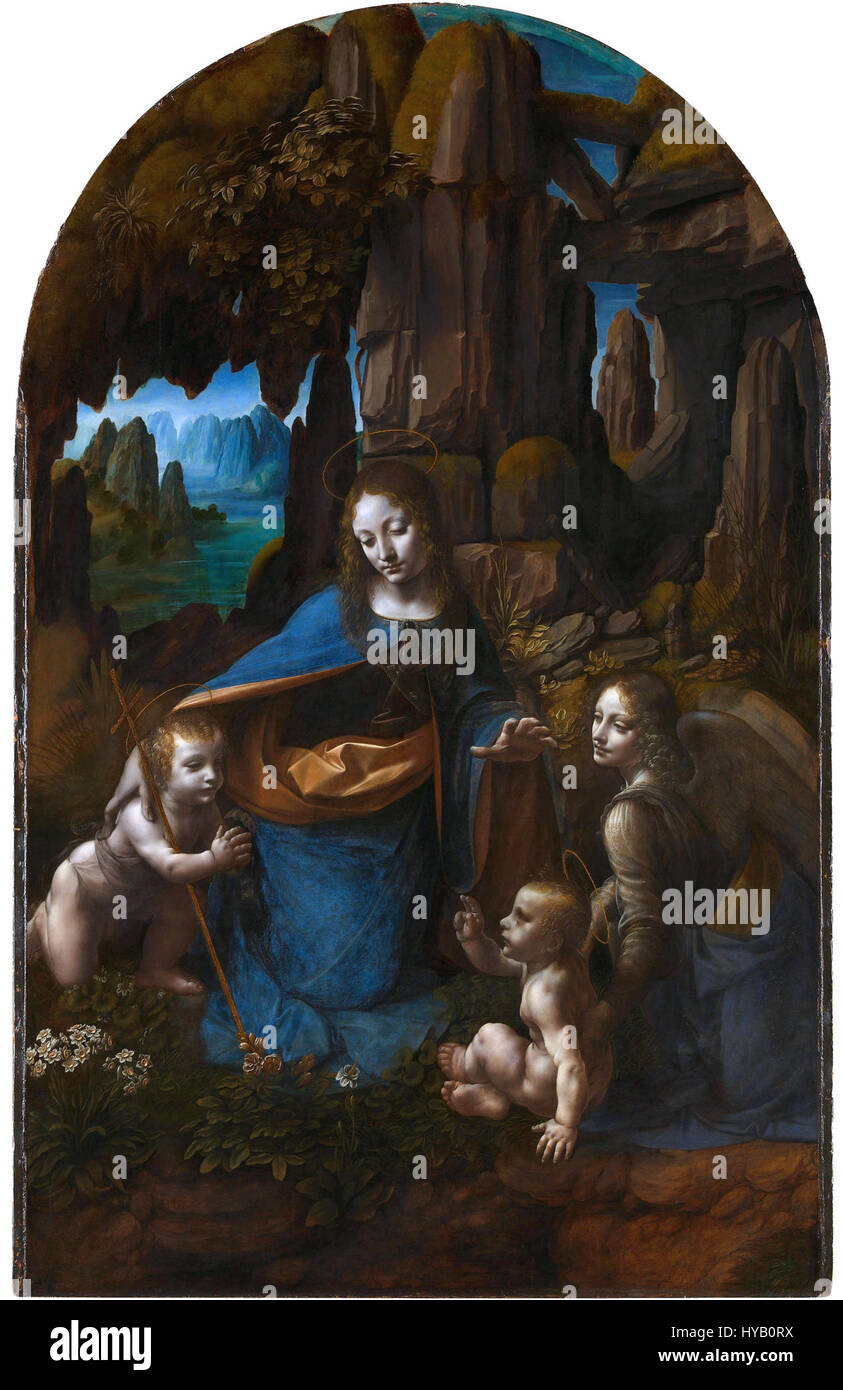 La "Vergine delle rocce" di Leonardo da Vinci è un capolavoro rinascimentale che mostra la Vergine Maria, Gesù bambino e l'arcangelo Uriel in un paesaggio roccioso sereno. L'opera è rinomata per il suo uso intricato di luce, ombra e prospettiva. Foto Stock