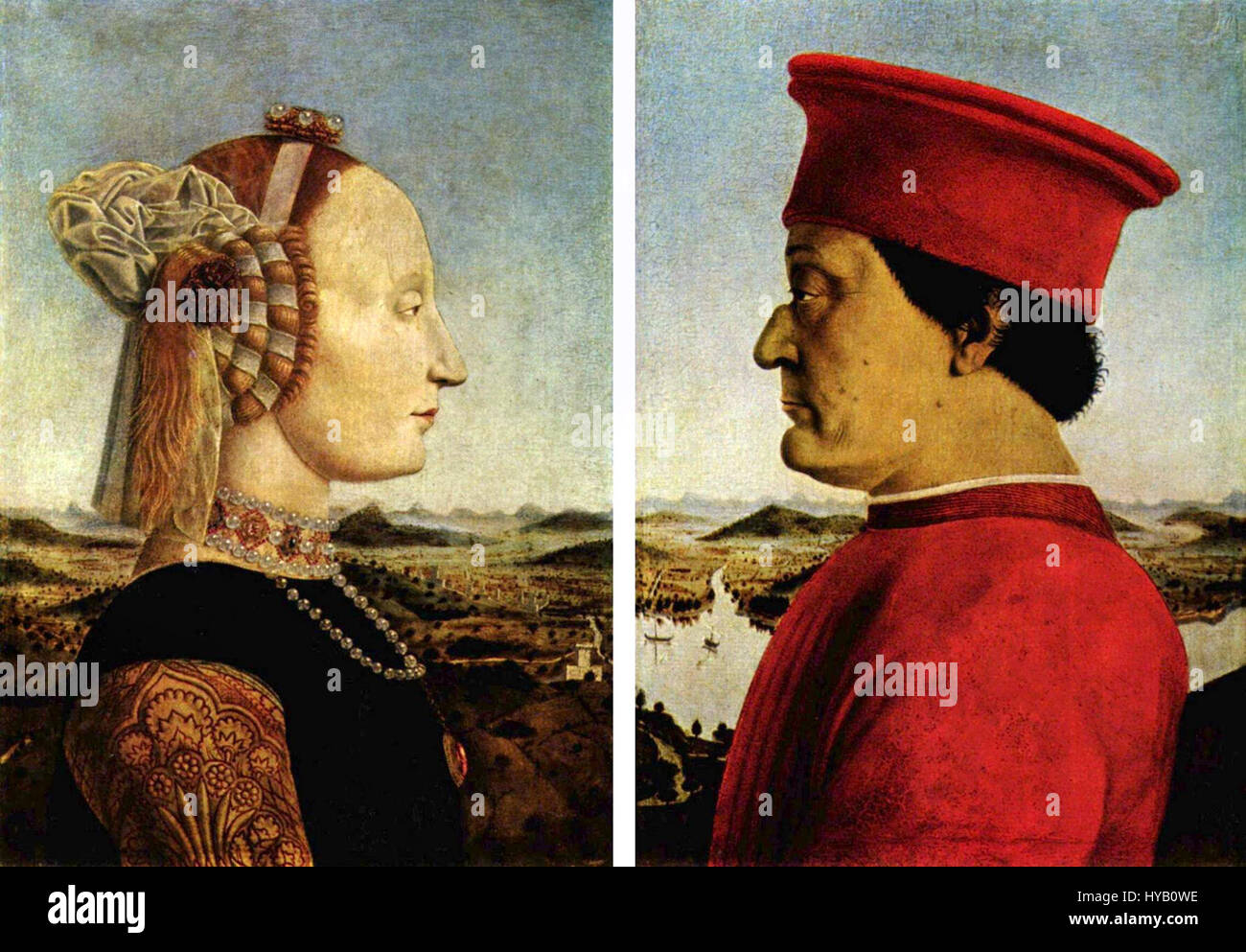 Questo lavoro di Piero della Francesca mette in mostra la maestria dell'artista nella prospettiva e nella forma geometrica. Noto per la sua precisa gestione dello spazio e della luce, questo dipinto riflette i suoi contributi al primo Rinascimento, in particolare nel suo uso della prospettiva per creare profondità e volume nelle figure. Foto Stock