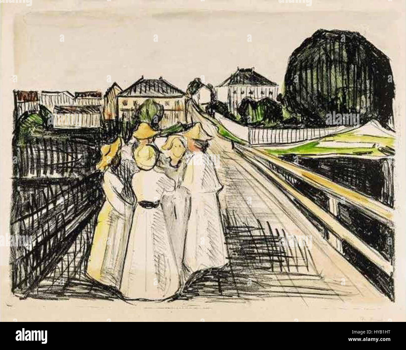 "On the Bridge" (1912) di Edvard Munch è una litografia colorata a mano che mostra lo stile distintivo dell'artista. Il lavoro cattura l'intensità emotiva dell'isolamento umano, un tema ricorrente nell'opera di Munch, che riflette il suo approccio espressionista. Foto Stock