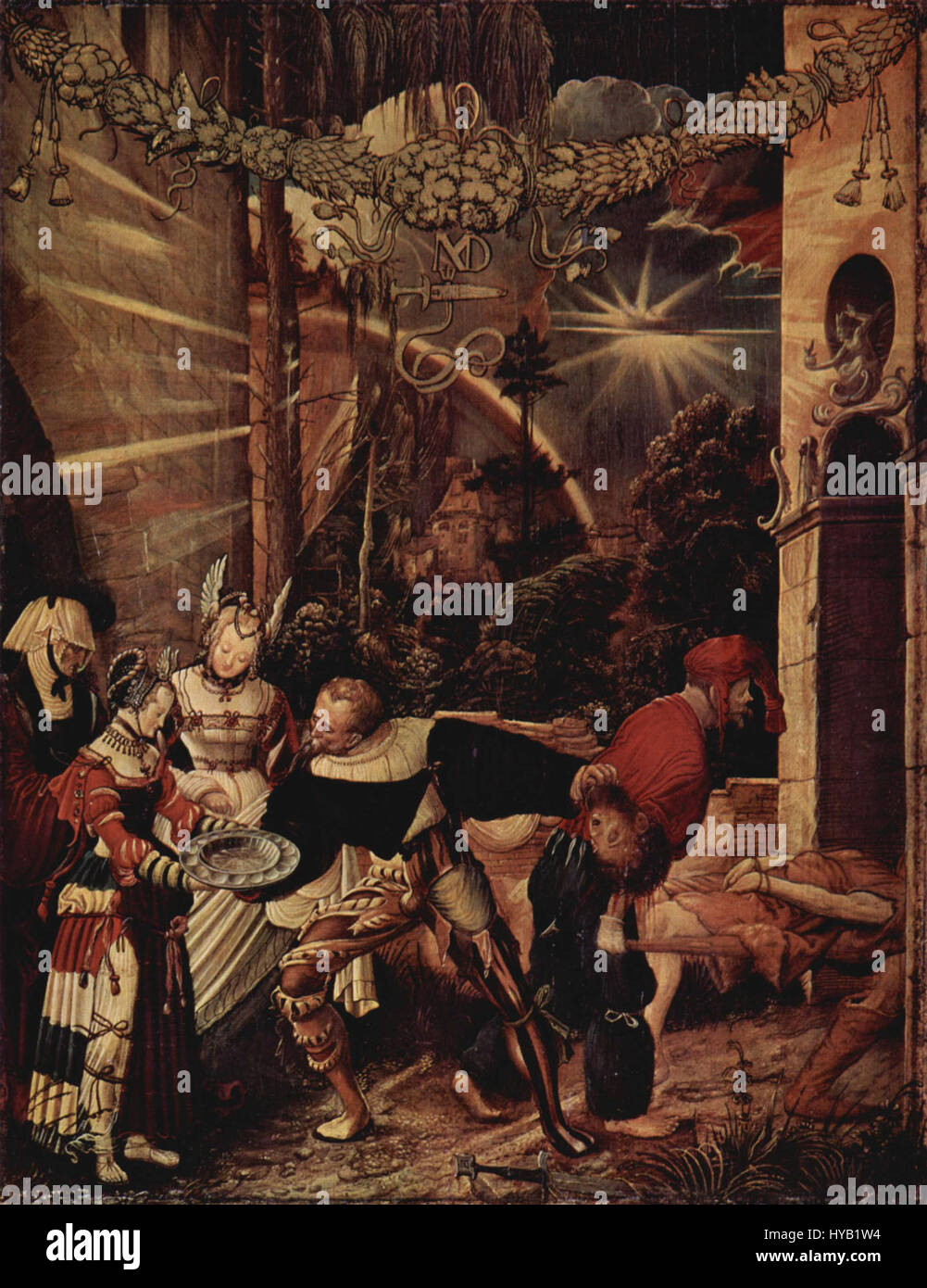 La "decapitazione di Giovanni Battista" di Niklaus Manuel Deutsch è una rappresentazione drammatica della scena biblica del nuovo Testamento. Il dipinto enfatizza il momento dell'esecuzione con intensa emozione, catturando il significato storico e religioso di questo evento fondamentale. Foto Stock