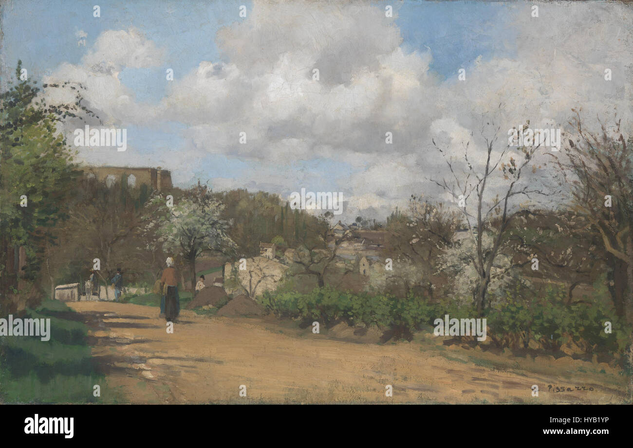 La "Vista da Louveciennes" di Camille Pissarro raffigura la campagna vicino a Parigi, concentrandosi sull'interazione di luce e paesaggio tipico del movimento impressionista. Il pezzo fa parte della collezione della National Gallery di Londra. Foto Stock