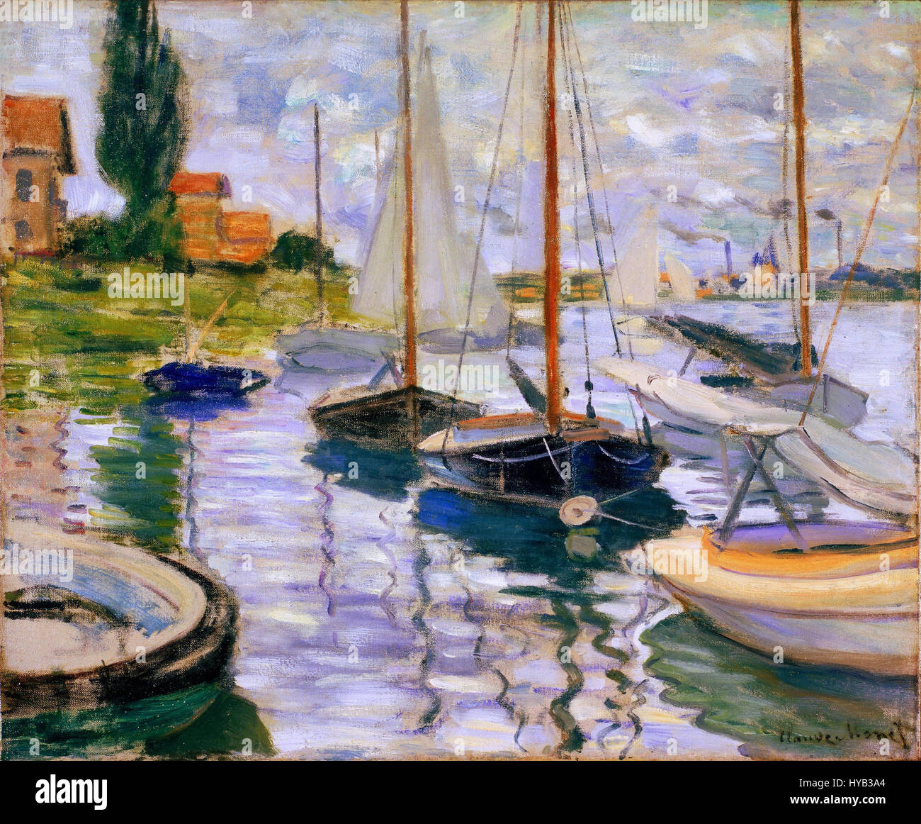 Le "Voiliers sur la Seine" di Claude Monet (barche a vela sulla Senna) raffigurano barche a vela che galleggiano sulla Senna, catturando la luce e l'atmosfera caratteristiche del suo stile impressionista. Il dipinto enfatizza l'interazione tra luce, acqua e cielo. Foto Stock