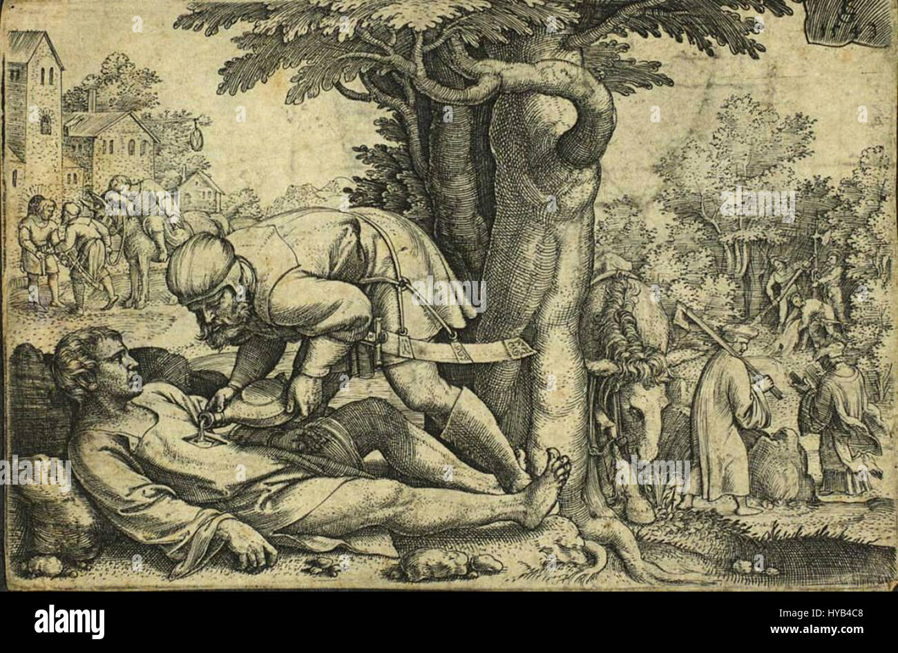 Il Buon Samaritano, un'incisione di Georg Pencz, artista e incisore tedesco del Rinascimento. Foto Stock