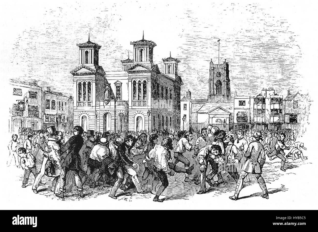 La partita di calcio "Thames V Townsend" del 1846 è probabilmente una rappresentazione di una prima partita di calcio, che rappresenta le origini del XIX secolo dello sport. La scena può evidenziare l'atletismo, il lavoro di squadra e la cultura calcistica del tempo. Foto Stock