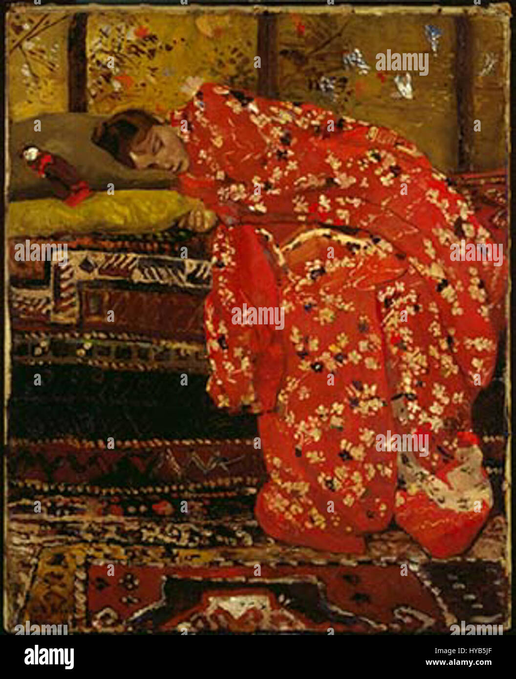 "Girl in a Red Kimono" è un rinomato dipinto di George Hendrik Breitner, raffigurante Geesje Kwak. Il dipinto la cattura indossando un vivace kimono rosso, mostrando l'uso magistrale del colore di Breitner e la sua rappresentazione della personalità del soggetto. Foto Stock