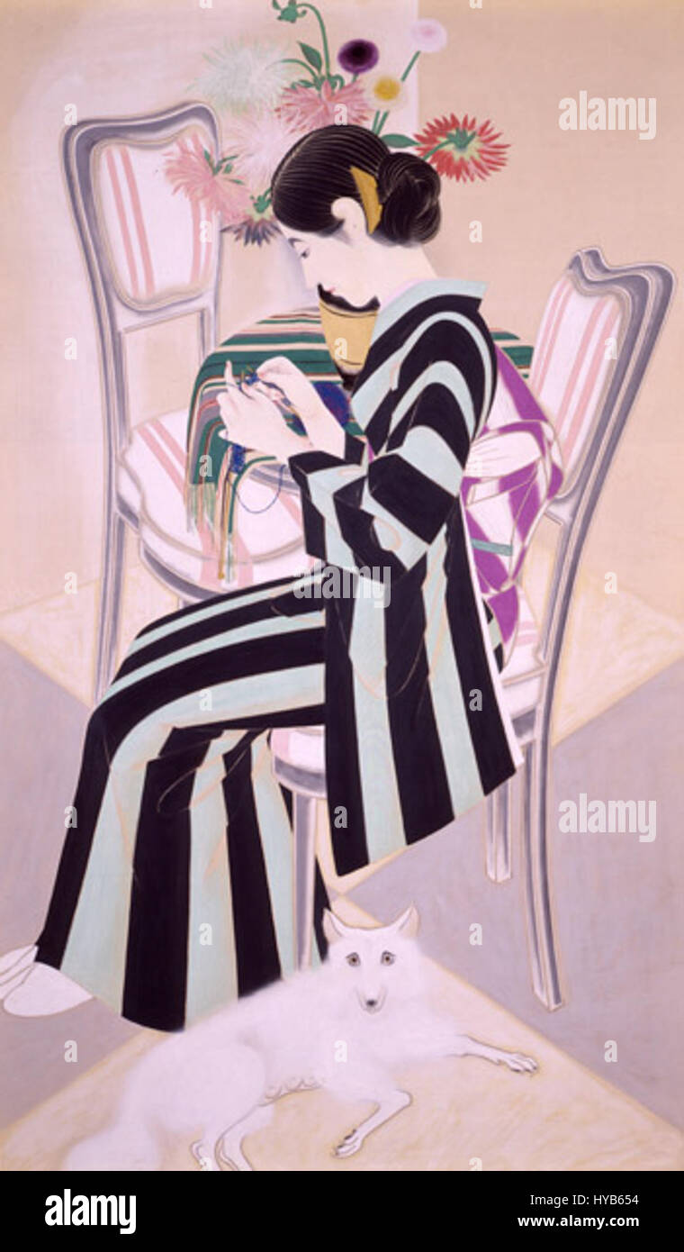 *Accanto ai Fiori* di Hayami Goshu è un dipinto giapponese che raffigura una scena Kabuki. L'artista cattura gli intricati costumi e le espressioni drammatiche tipiche del teatro Kabuki. Il lavoro di Goshu è celebrato per la sua rappresentazione della cultura tradizionale del teatro giapponese, mescolando design dettagliato con profondità emotiva. Foto Stock