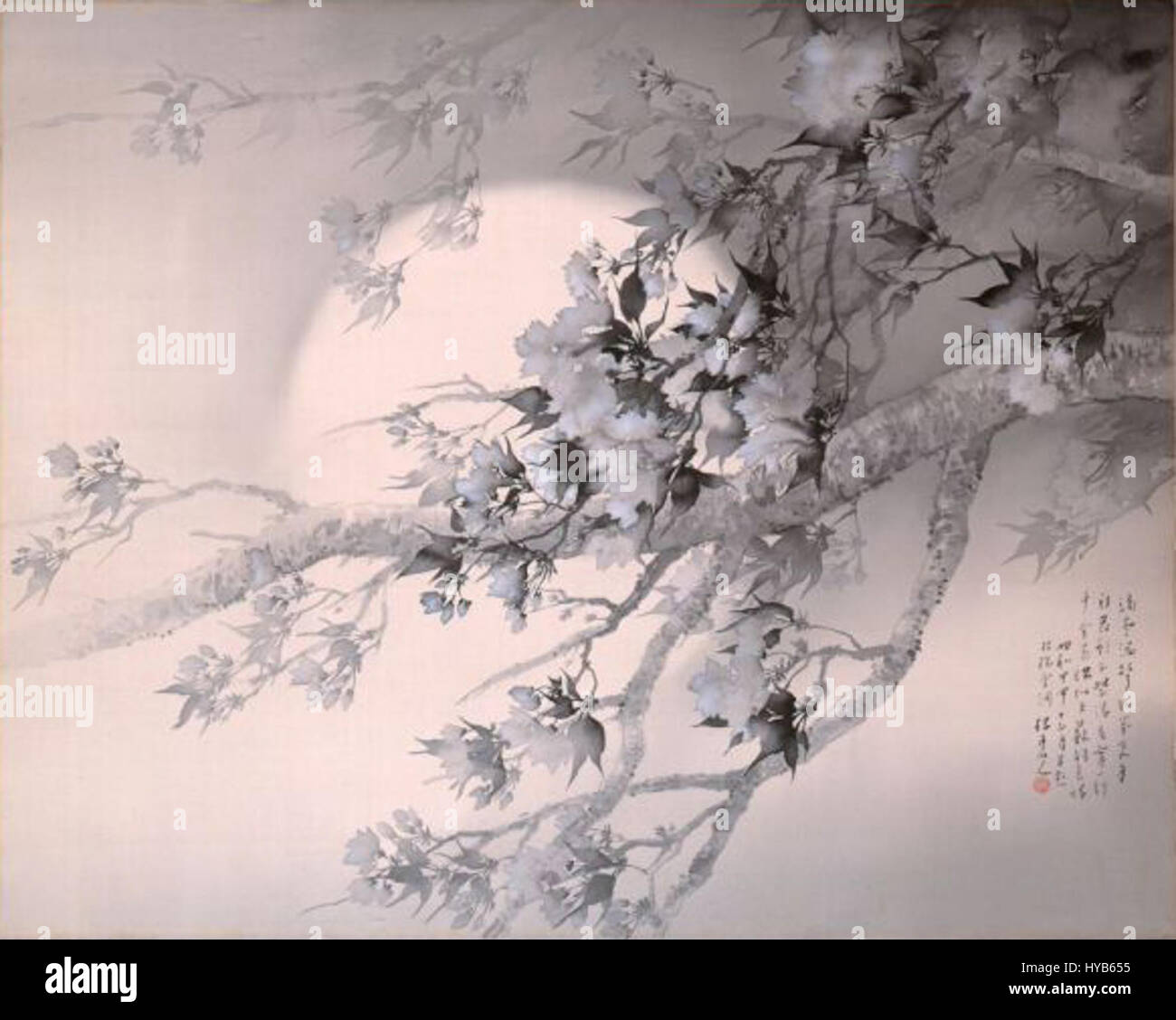 'Cherry Blossoms in the Evening' di Matsubayashi Keigetsu è una rappresentazione della bellezza fugace dei fiori di ciliegio, un tema popolare nell'arte giapponese. La scena, ambientata durante uno spettacolo Kabuki, mette in evidenza il legame estetico tra la natura e il tradizionale teatro giapponese. Foto Stock