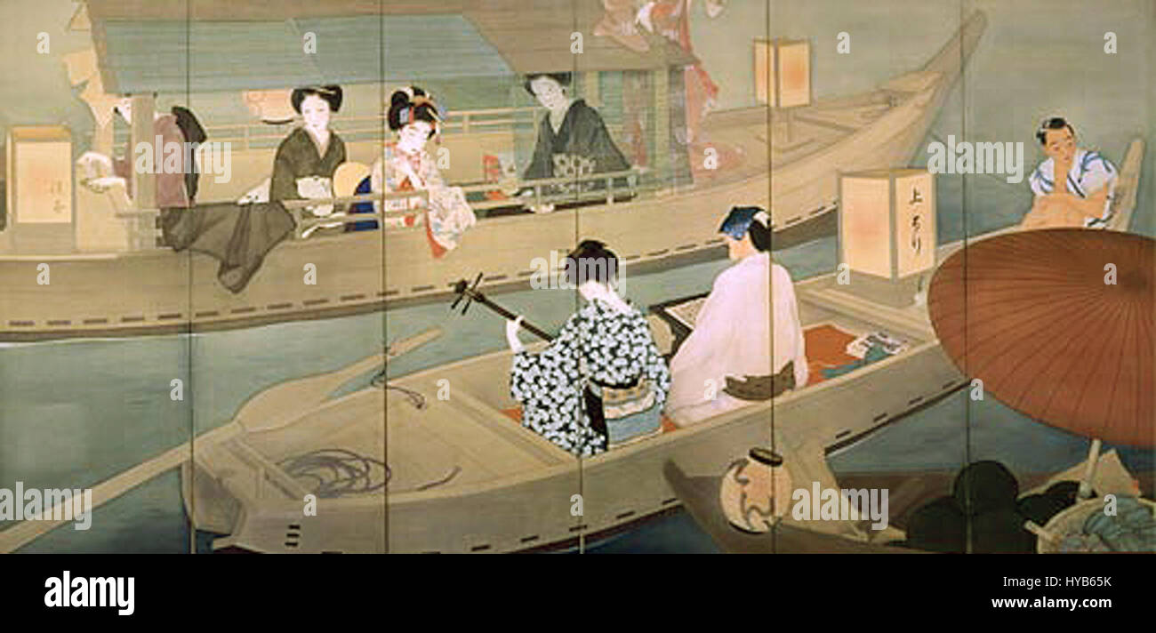 "Joruri Boat" di Kitani Chigusa è un'opera d'arte tradizionale giapponese che raffigura un viaggio panoramico sul fiume, riflettendo elementi dell'estetica e della narrazione giapponese classica. Il pezzo cattura il movimento, la natura e i temi culturali centrali delle tradizioni dell'arte visiva giapponese. Foto Stock