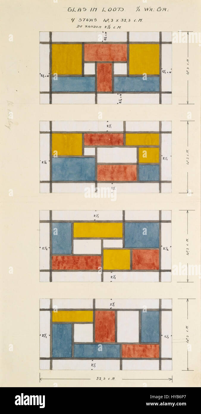 La "progettazione per quattro vetrate colorate" presenta un piano concettuale per le opere d'arte in vetro colorato. In genere presenta disegni intricati e colori vivaci, destinati a essere collocati in finestre architettoniche, riflettendo temi artistici e religiosi. Foto Stock