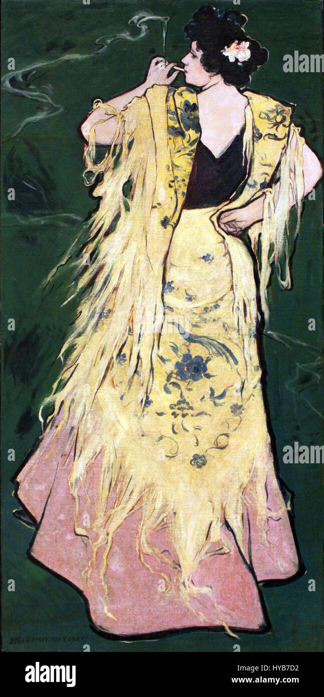 Questo dipinto del 1908 di Romero de Torres, intitolato "Manola", raffigura una donna spagnola tradizionale in una posa elegante e dignitosa. L'opera mette in evidenza la bellezza della cultura andalusa e la sua rappresentazione iconica della femminilità, catturando l'essenza di una donna orgogliosa e rurale. Foto Stock